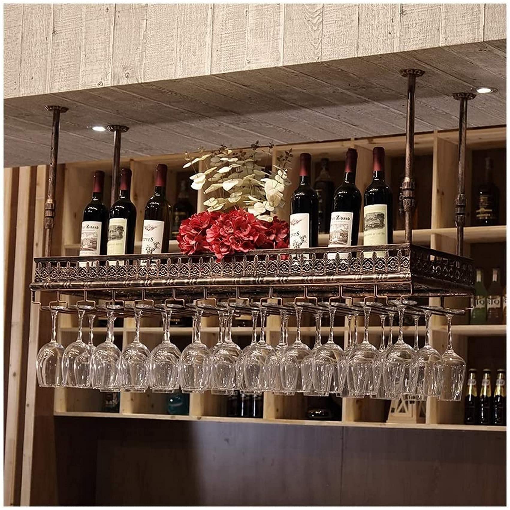 Étagère à vin murale plafond suspendu pour rangement bouteille et verre à pied