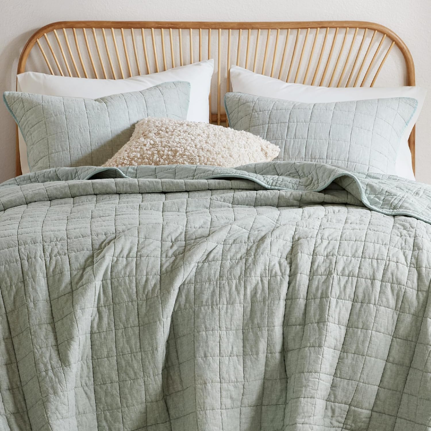 Hyde Lane Linen Quilt Set Queen Size - Breathable Box Stitched European Flax Bedding Set for Bedspread and Coverlet, with 2 Pillow Shams, 90"x96", Sage