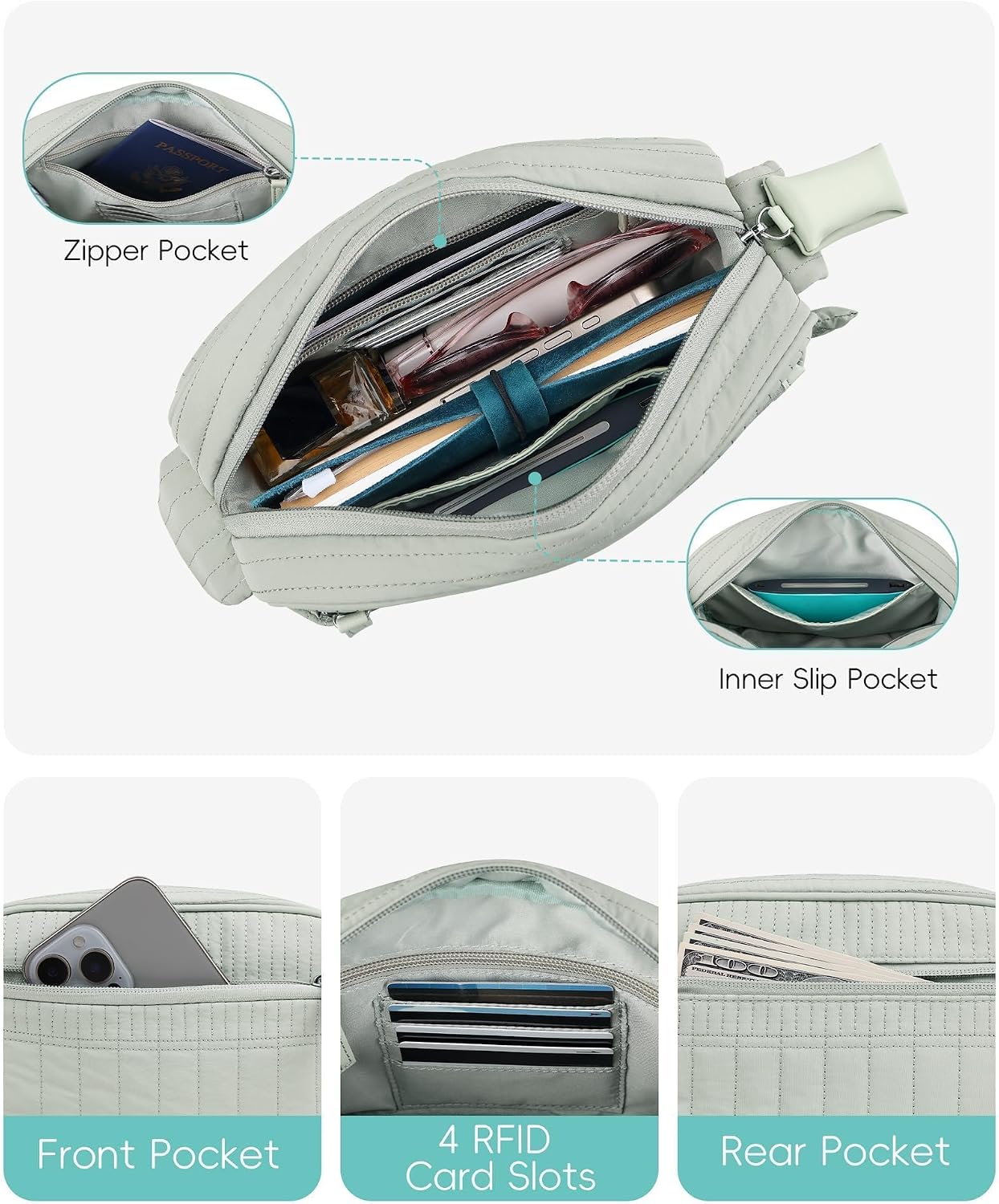 HomemeDiary Small Puffer Crossbody Bags for Women, RFID Travel Quilted Shoulder Purses, Puffy Handbags with Wide Strap