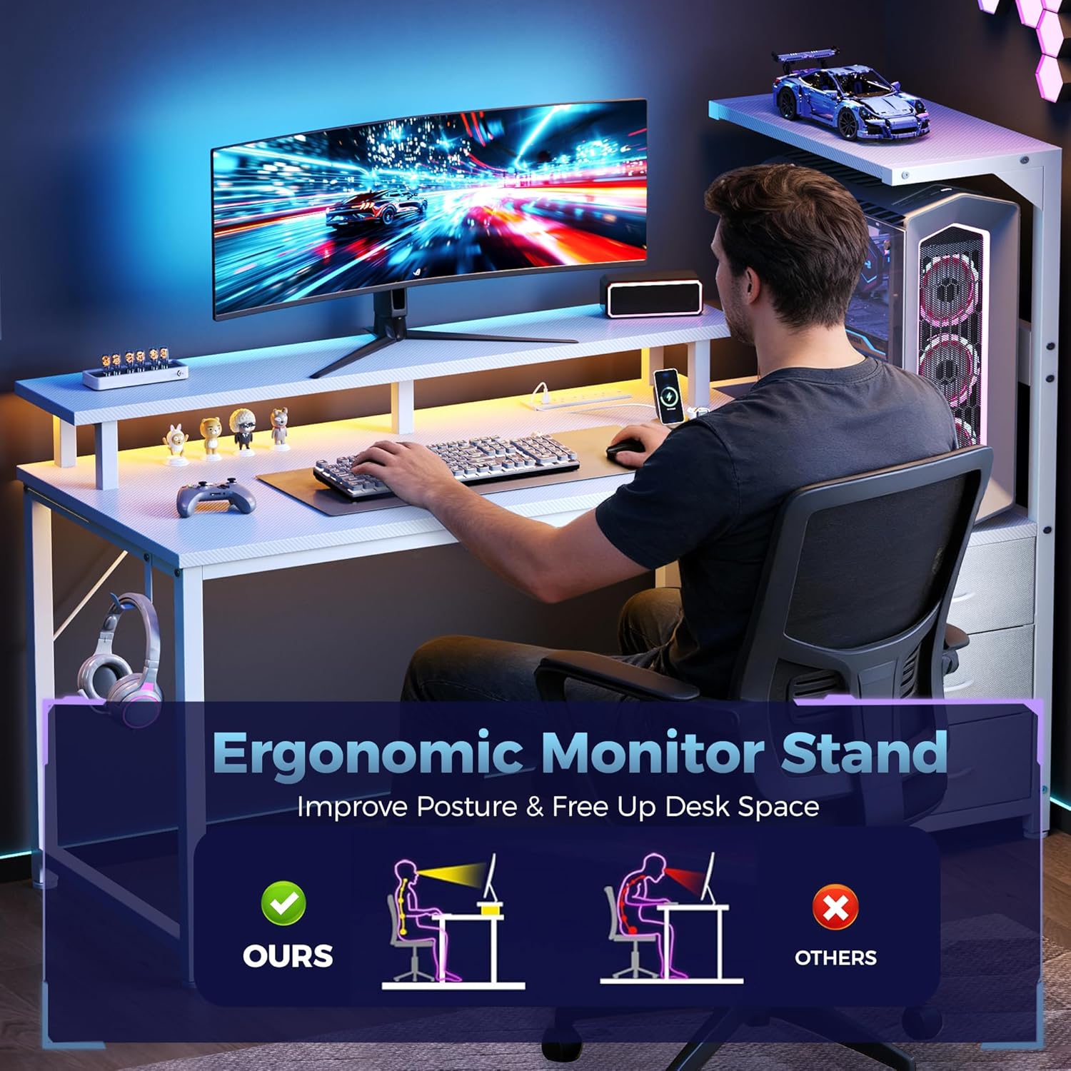 DUMOS L Shaped Gaming Desk with Shelves Storage Drawers 52'', White Computer Desks with LED Lights Power Outlets, Office Wood Table with PC Stand Cable Management for Bedroom Dual Monitor Streaming