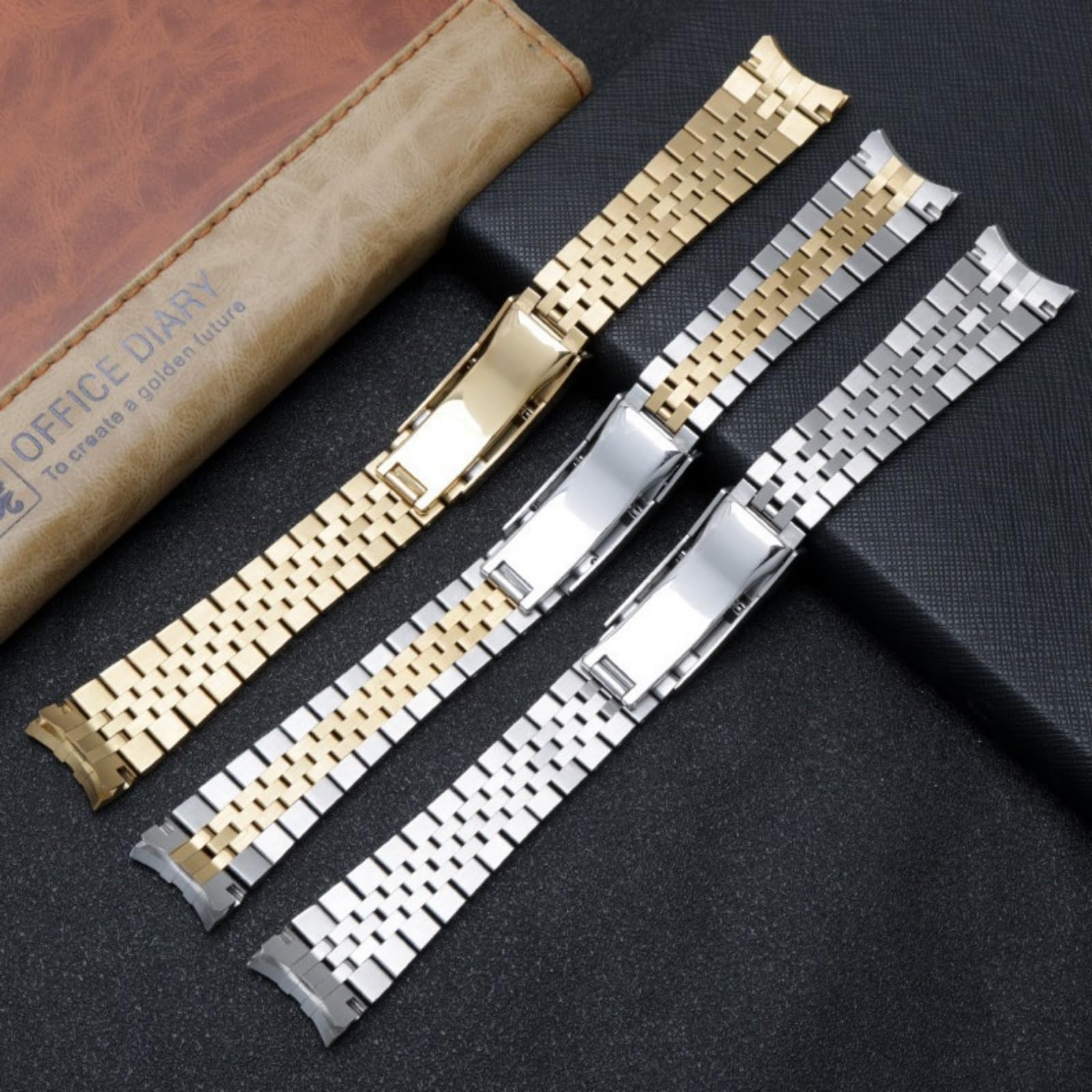Cinturino Orologio 20mm Ricambio Design Jubilee Terminali Curvi Fibbia Micro Regolazione Senza Attrezzi - Argento Oro 20MM