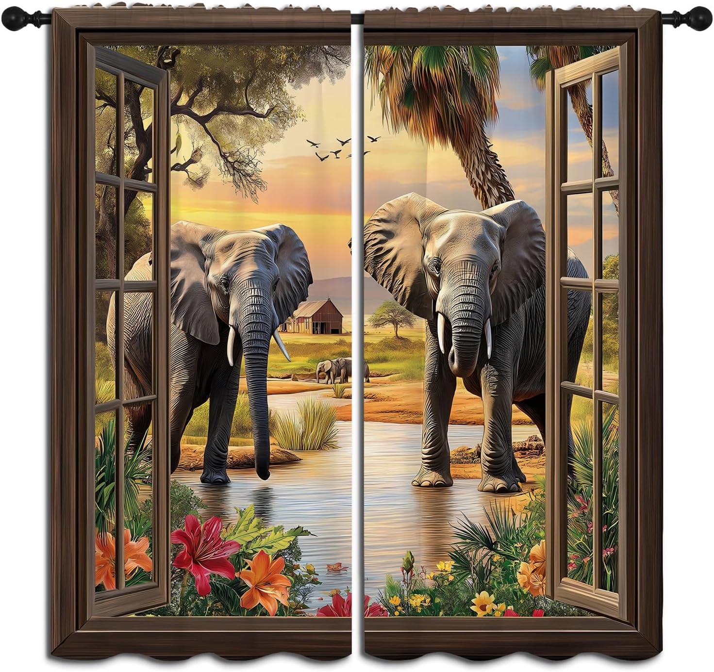 Funny Elephant Boy Girls Blackout Curtains,African Tropical Jungle Large Wild Animal Fashion Style, 2 Panel Rod Pocket Thermal Insulated Drapes for Bedroom, Living, Kids Teen Room Deco 55x63 inch