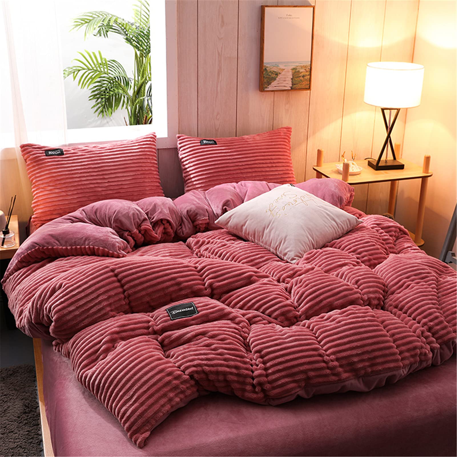 Juego De Fundas De Edredón 135x200cm,Calidez De Invierno Sábanas De Lana De Coral Gruesas De Doble Cara Más Funda Nórdica De Lana Ropa De Cama De Franela (Pink,150 * 200cm)