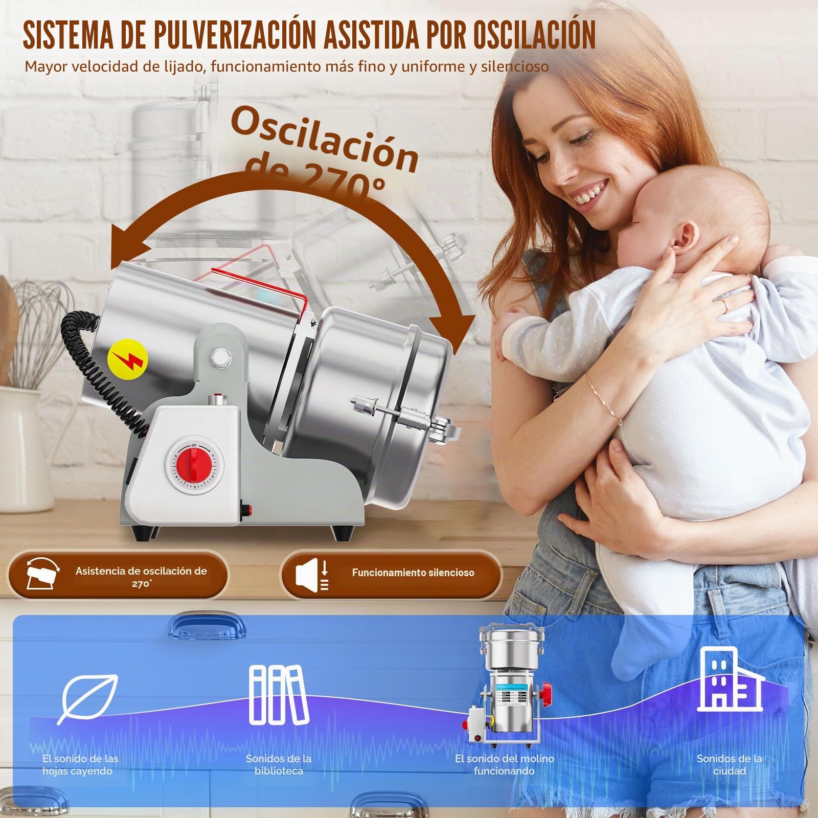 Molino de grano eléctrico de 800 g, trituradora de granos de 2400 W de alta velocidad, máquina de polvo comercial con protección contra sobrecarga para cereales secos, arroz, granos de maíz