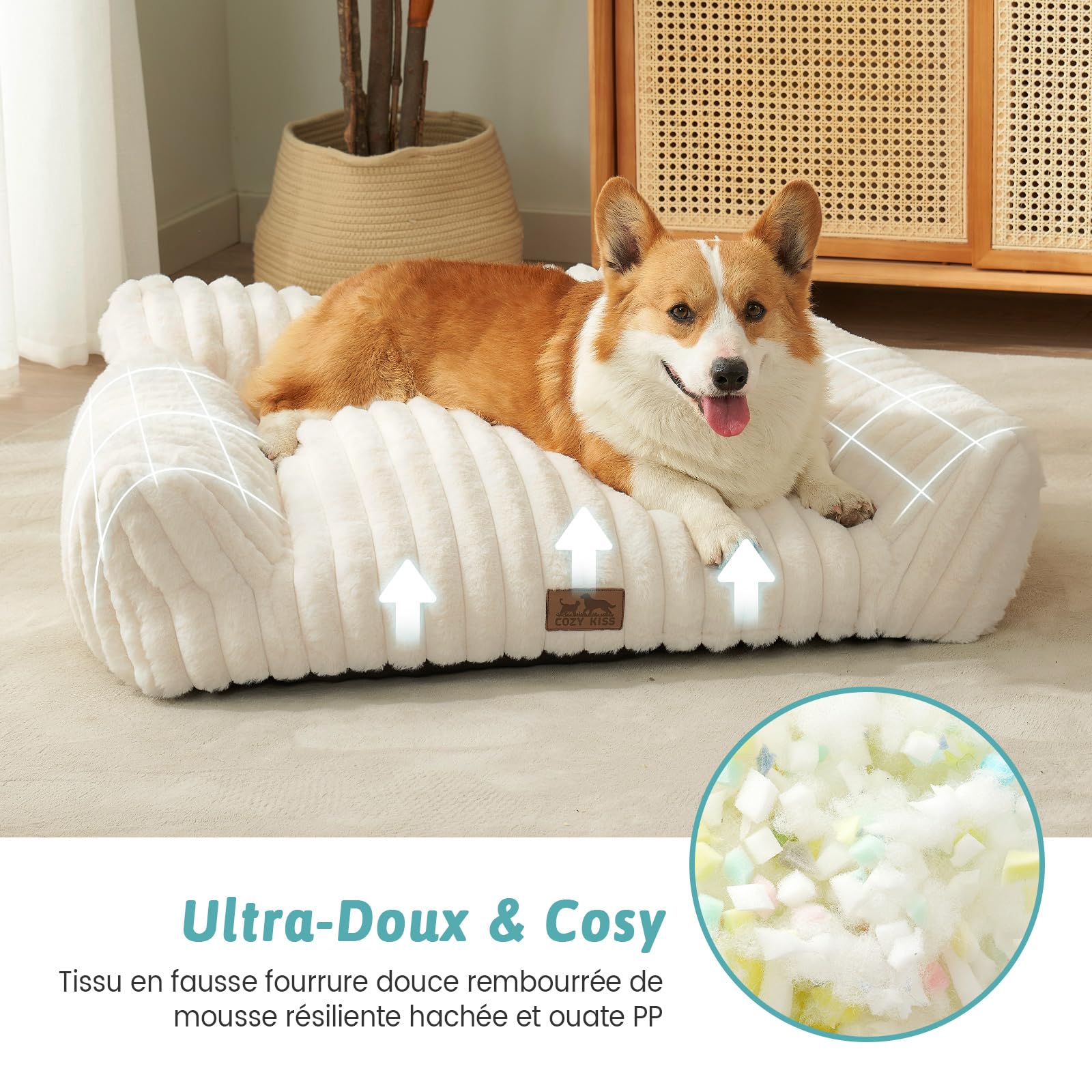 COZY KISS Grand Panier-Lit-Canapé pour Chat à Design Corde 65x44x30cm pour Petits Chiens et Chats, Fourrure Synthétique Douce, Duveteux et Doux, Soutien Tête et Cou, Antidérapant et Lavable, Crème