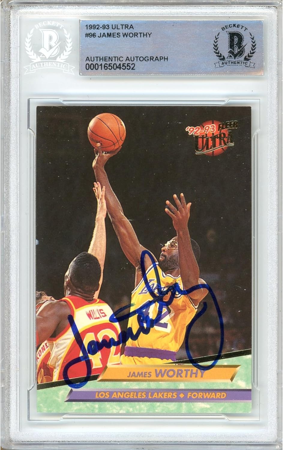 James Worthy Autographed 1992 1993 Fleer Ultra #96 Basketball Trading Card Slab Beckett BAS Authentic Slabbed COA Played For Los Angeles Lakers NBA