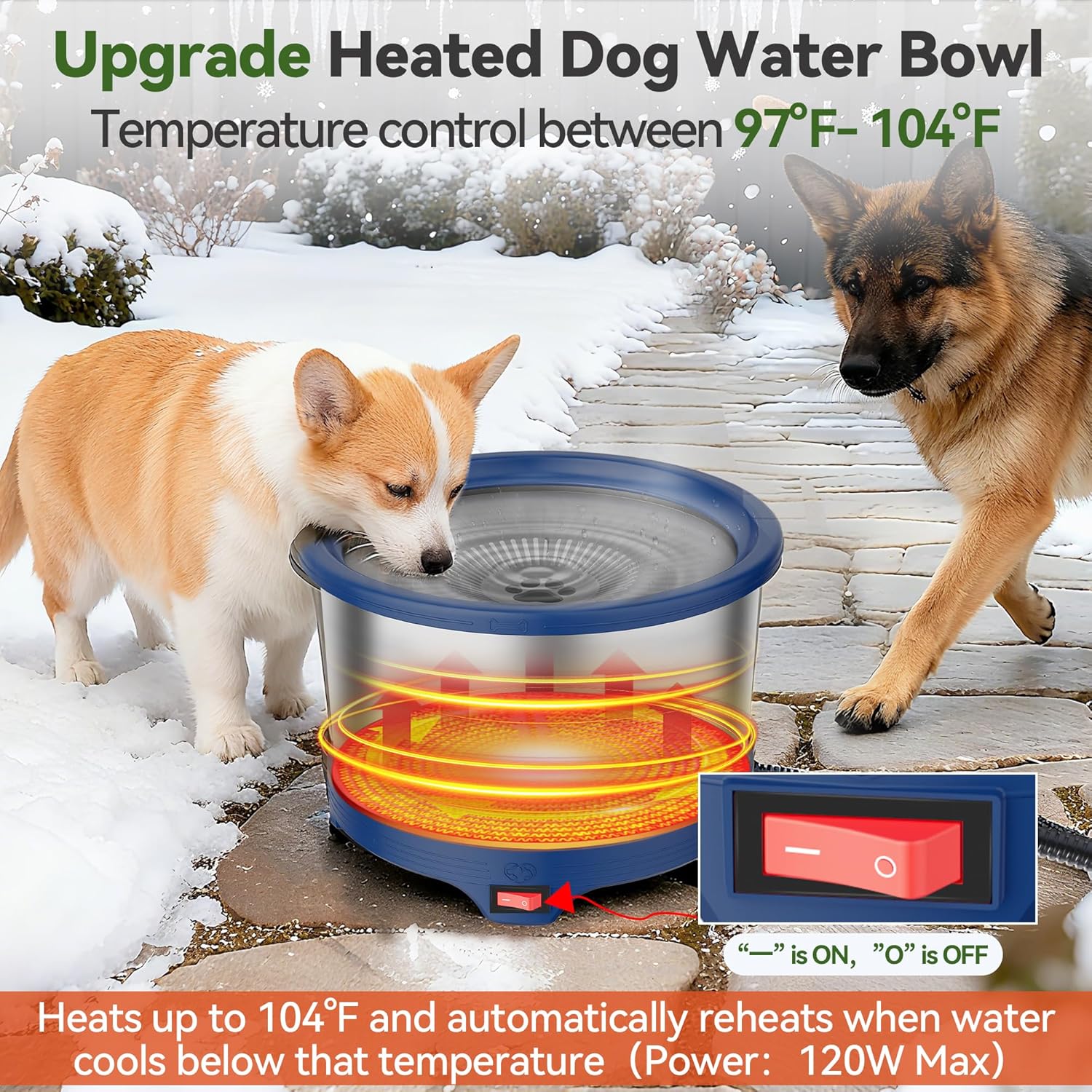 6.5L Heated Water Bowl, Stainless Steel Outdoor Heated Dog Bowl with Anti-Chew Cord, Large Capacity Heated Pet Slow Drinking Dish Provide Warm Water in Winter for Dogs