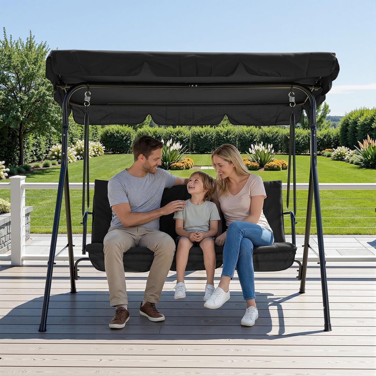 3 Person Porch Swing Chair,Outdoor Patio Swing Chair with Adjustable Canopy and Armrests,Breathable Fabric Seat & Backrest,Outdoor Swing for Backyard, Garden, 600 Lbs Max Load