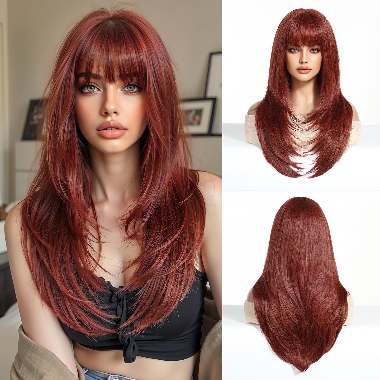 Esmee Long Straight Red Brown Wigs for Women with Fringe Natural Synthetic Hair Wig for Daily & Party Use