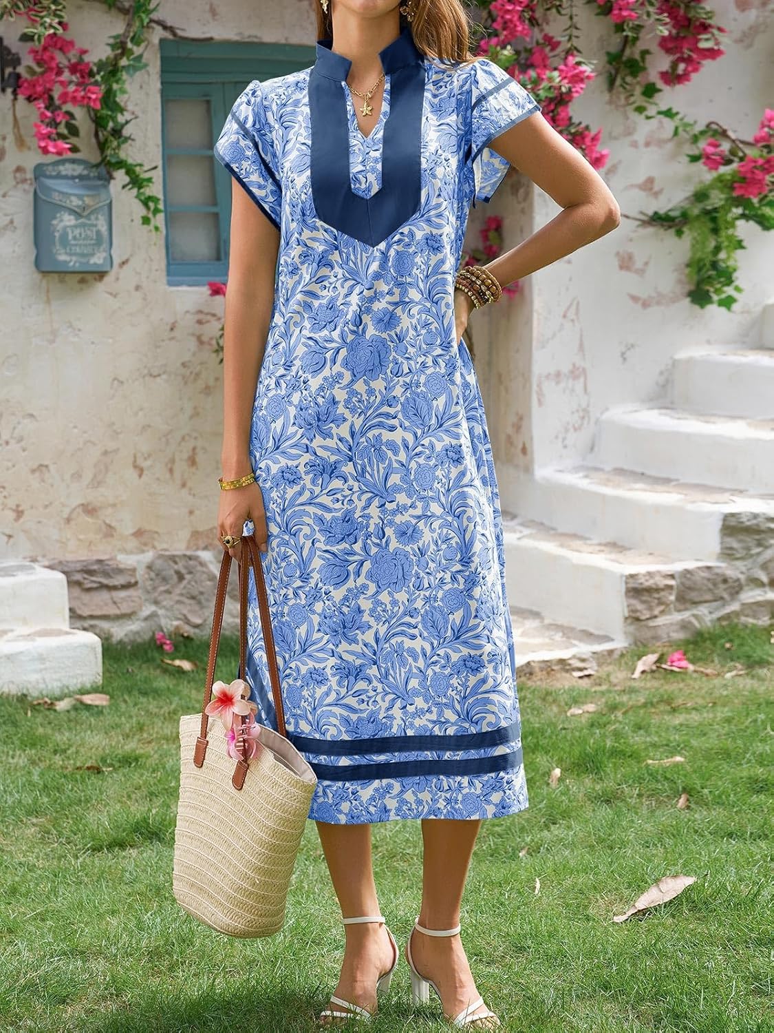 Wenrine Womens Summer Floral Maxi Dress Casual Short Cap Sleeve V Neck Color Block Side Slit Loose Boho Beach Dresses - Image 3