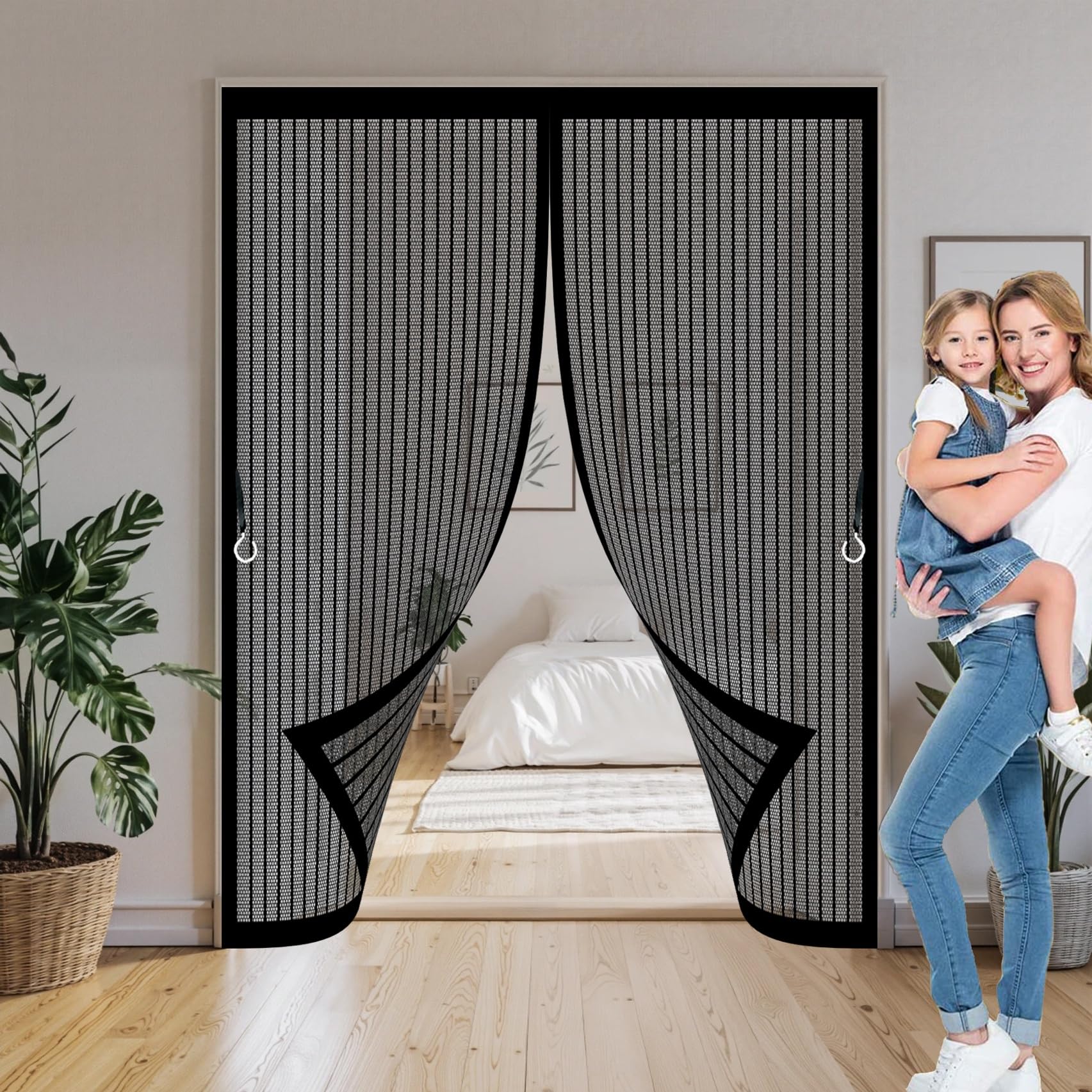 Xueqxue Black Fly Nets For Doors 180 X 200 Cm With Powerful Magnets & Full Frame Magic Tape, Keep Bugs Out & Lets Fresh Air In Heavy Duty Bug Mesh Curtain For Patio Doors Balcony,