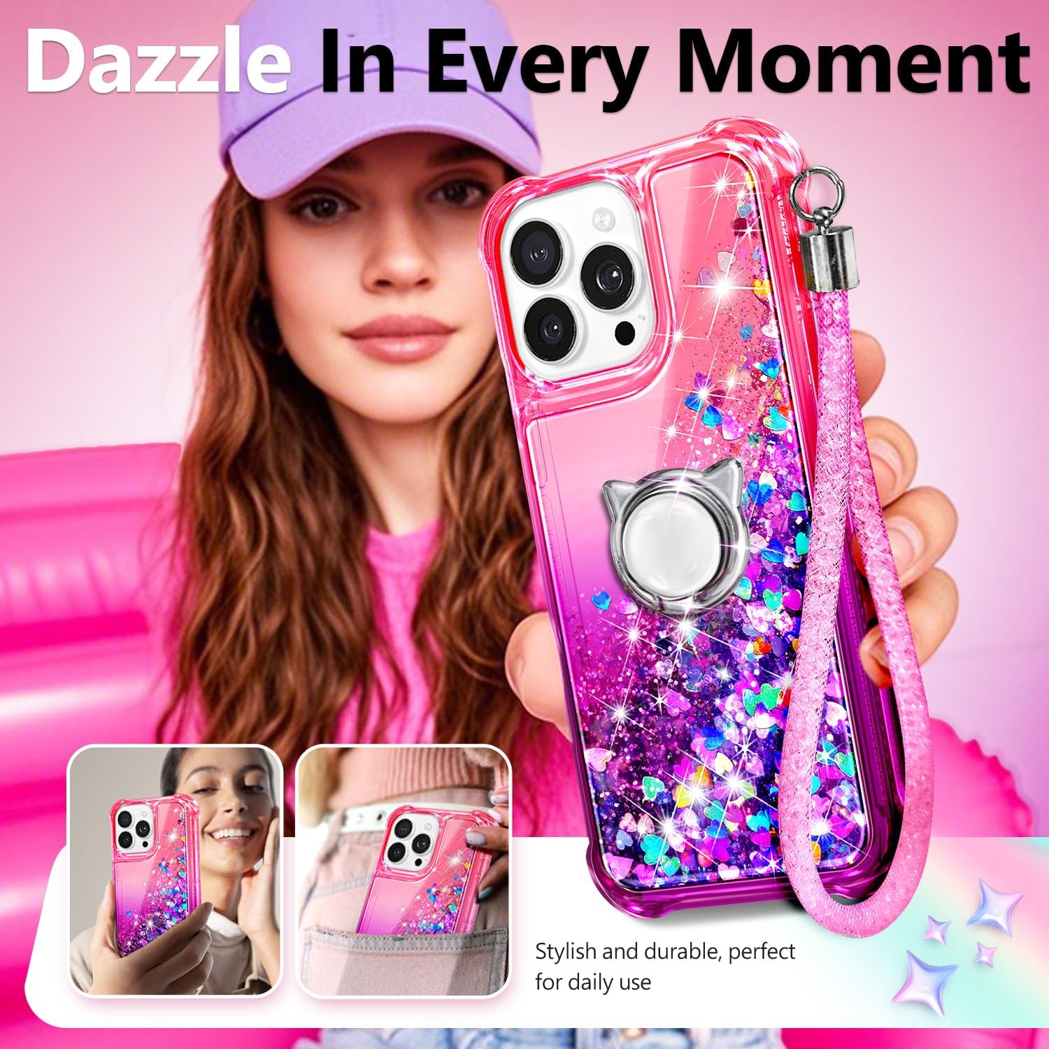 NGB Designed for iPhone 16 Pro-Max Case, Pink/Purple | Glitter Liquid Sparkle Cute Cover for Women Girls Kids | with Tempered Glass Screen Protector & Ring Holder & Wrist Strap - Image 7