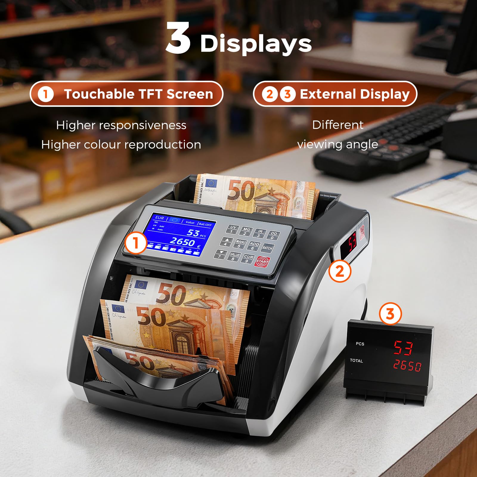 Bonvoisin Geldzählmaschine, Wertzähler für Sortierte Banknoten, Banknotenzähler mit UV/IR/MG-Falschgelderkennung, 1000 Stück/min, Geldzähler mit Touchscreen (Mischbeträge nicht Zählbar)