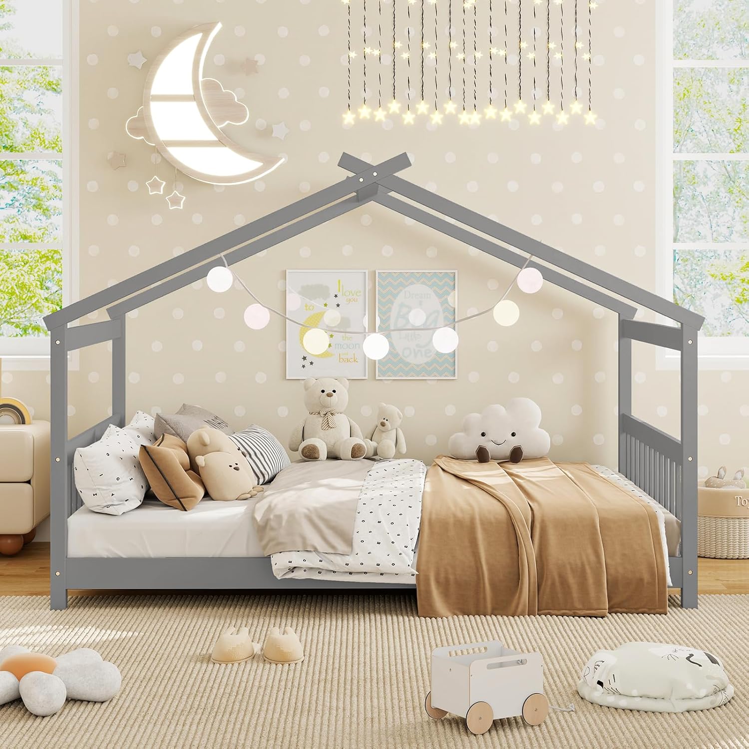 Full Bed Frame, Low Floor Kid House Bed with Roof, Montessori Floor Bed, Headboard & Footboard, No Box Spring Needed, Wood Full Size Platform Bed Frame for Boys, Girls (Gray, Full)