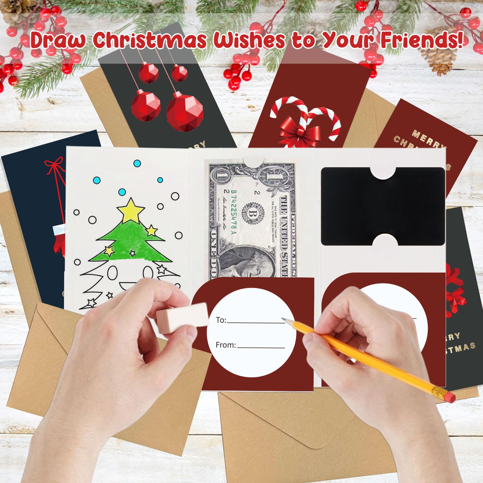 Lot de 96 cartes de Noël avec enveloppes, cartes de Noël amusantes pour offrir de l'argent liquide, cartes de Noël amusantes