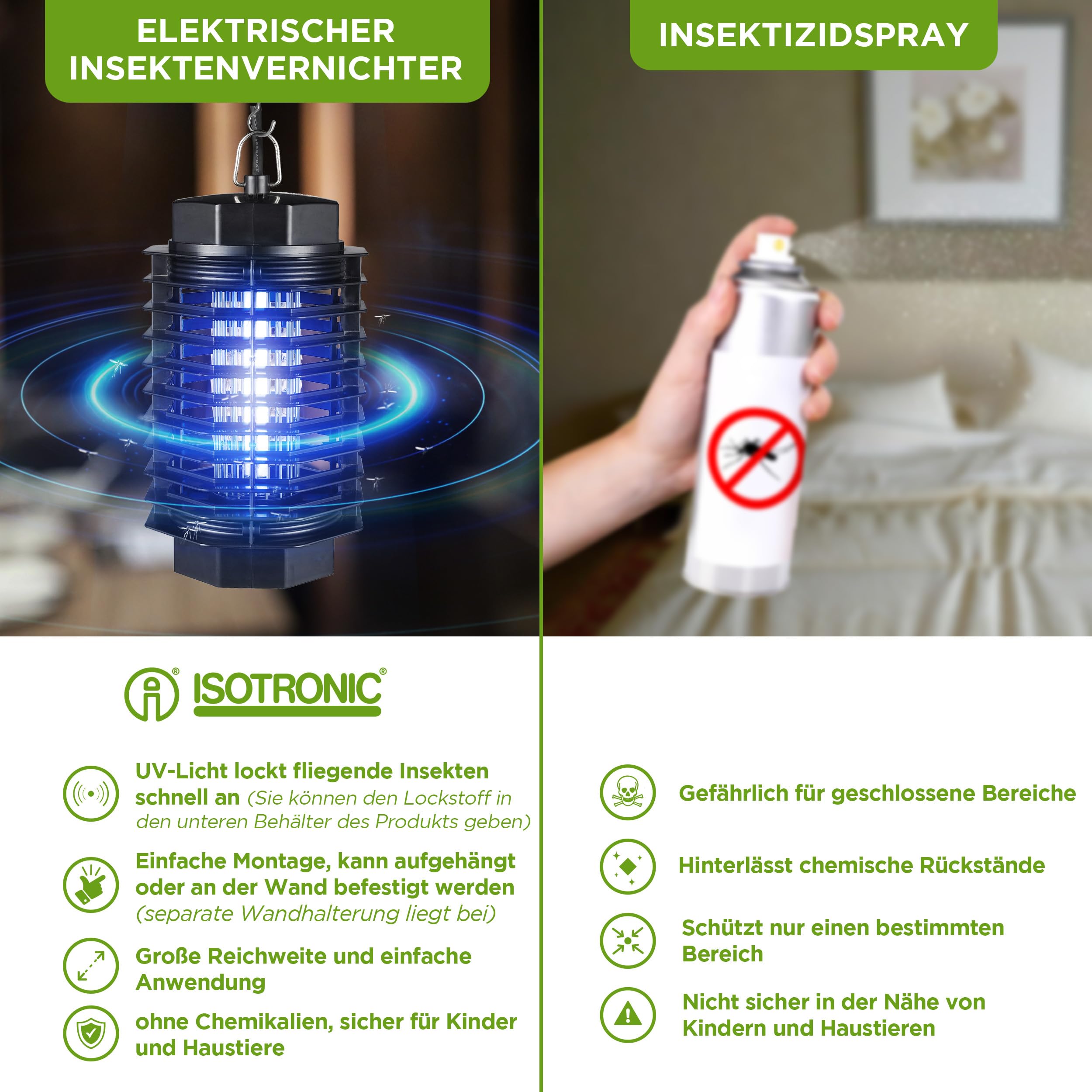 ISOTRONIC Elektrischer Insektenvernichter schützt vor Mücken, Fliegen & Motten– UV Mückenlampe mit 500V für Innen – Wirkungsbereich von 50m² (3 Stück)