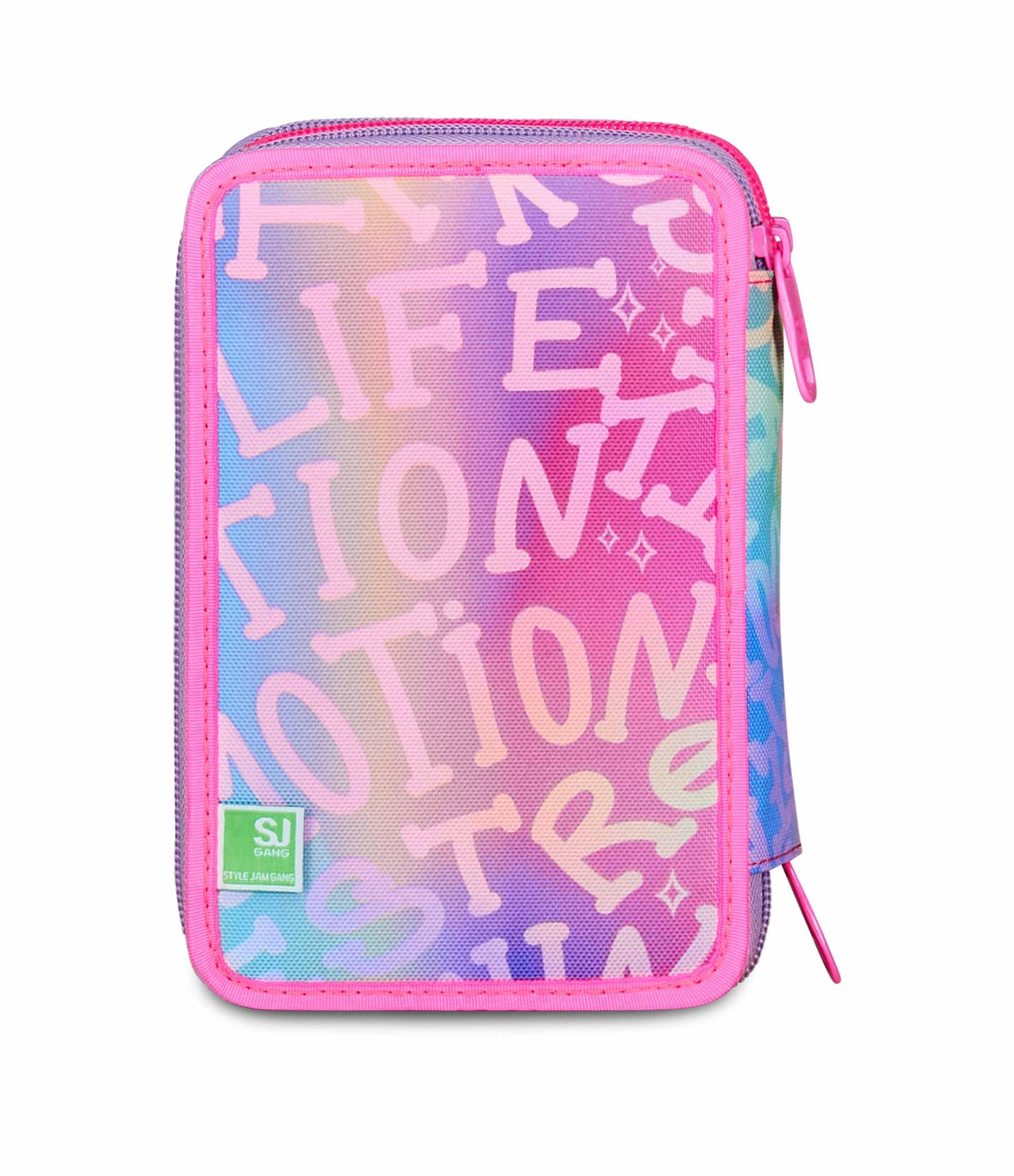 Astuccio Scuola 3 Zip Fucsia Portapenne Triplo Scomparto Completo Penne Matite Colori