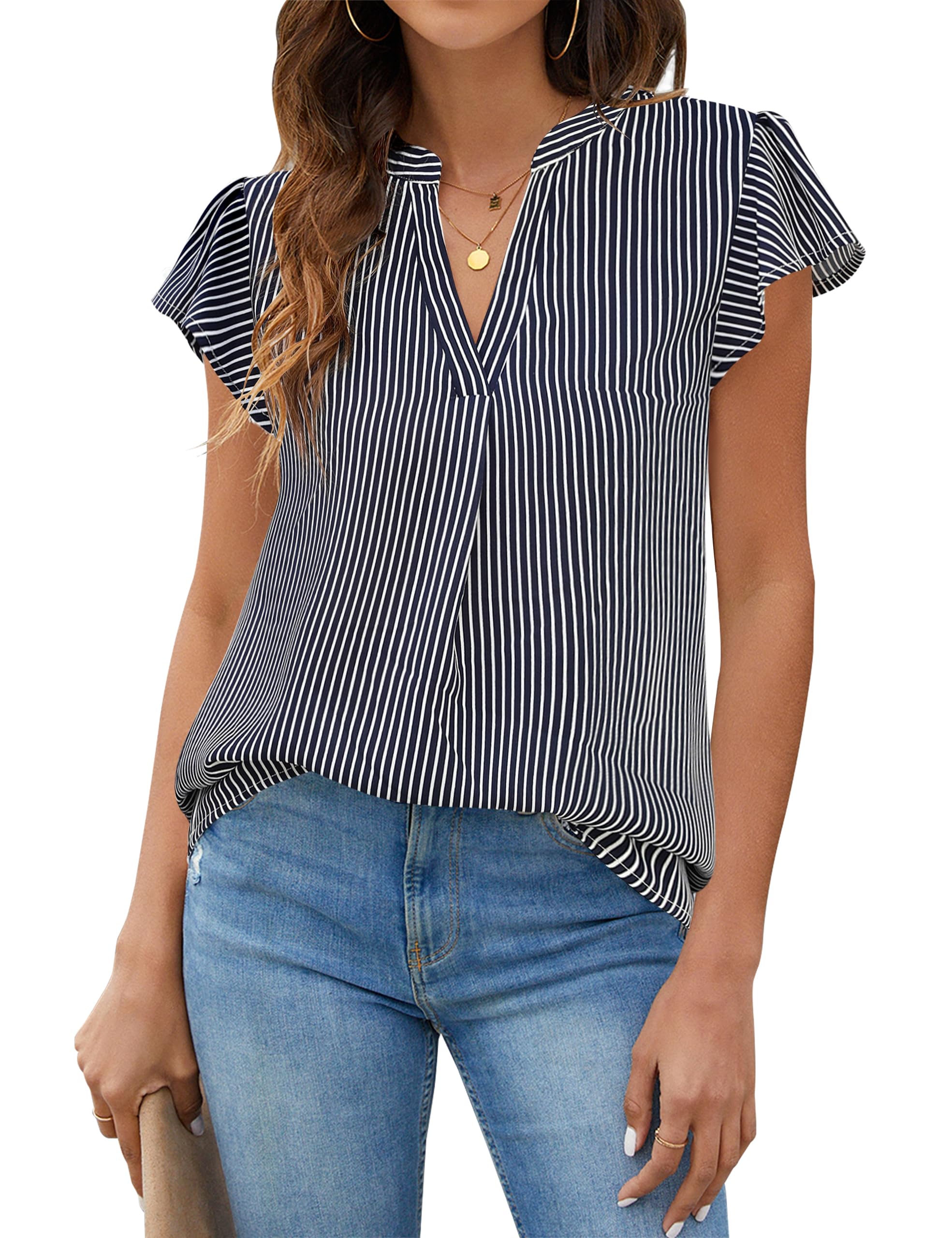 Blooming Jelly Womens White Blouse V Neck Ruffle Sleeve Flowy Shirts Dressy Casual Cute Summer Tops