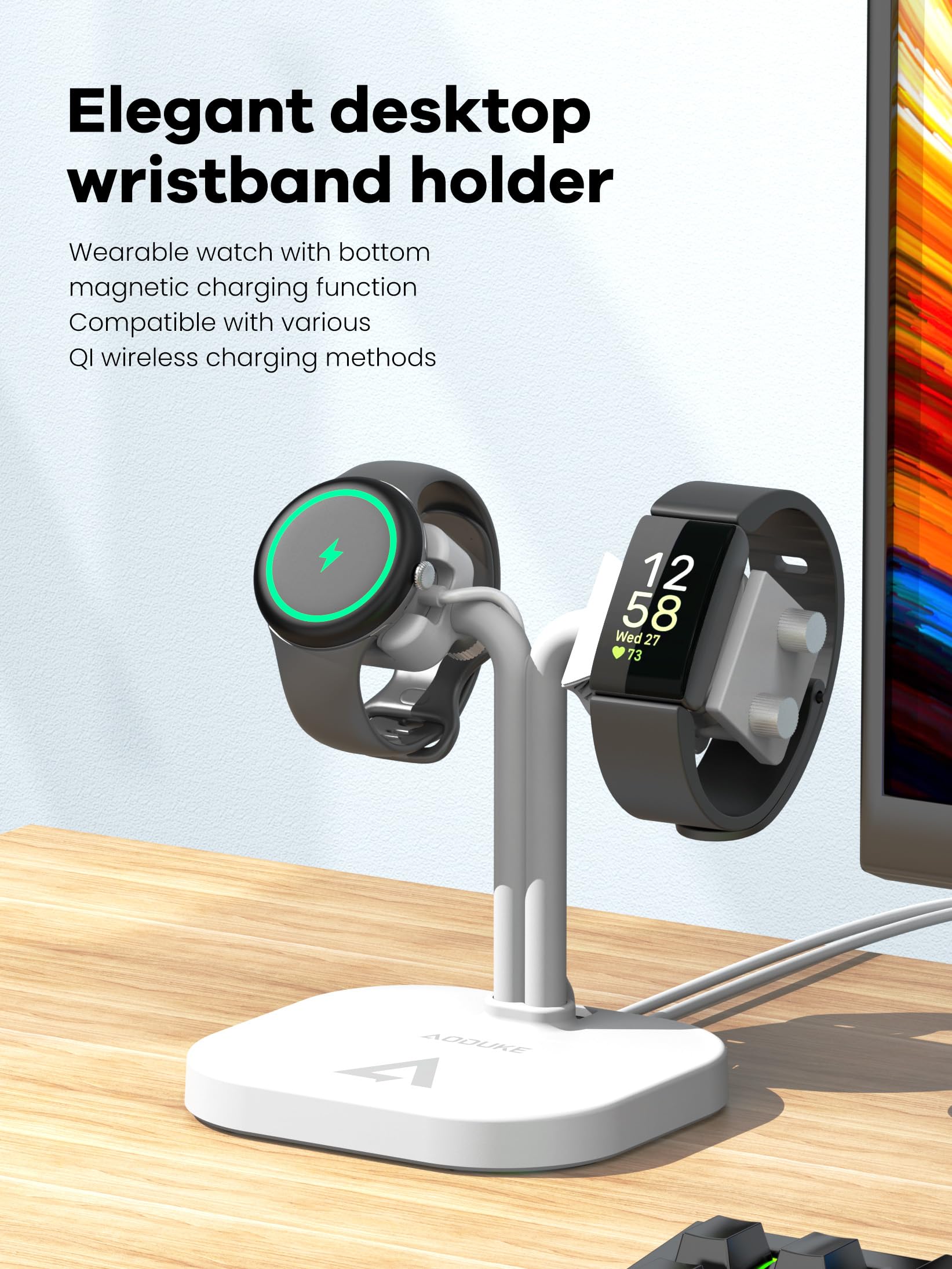 Universal Dual Watch Charger Dock, 2 in 1 Adjustable Smart Fitness Tracker Charging Station (A23S White)