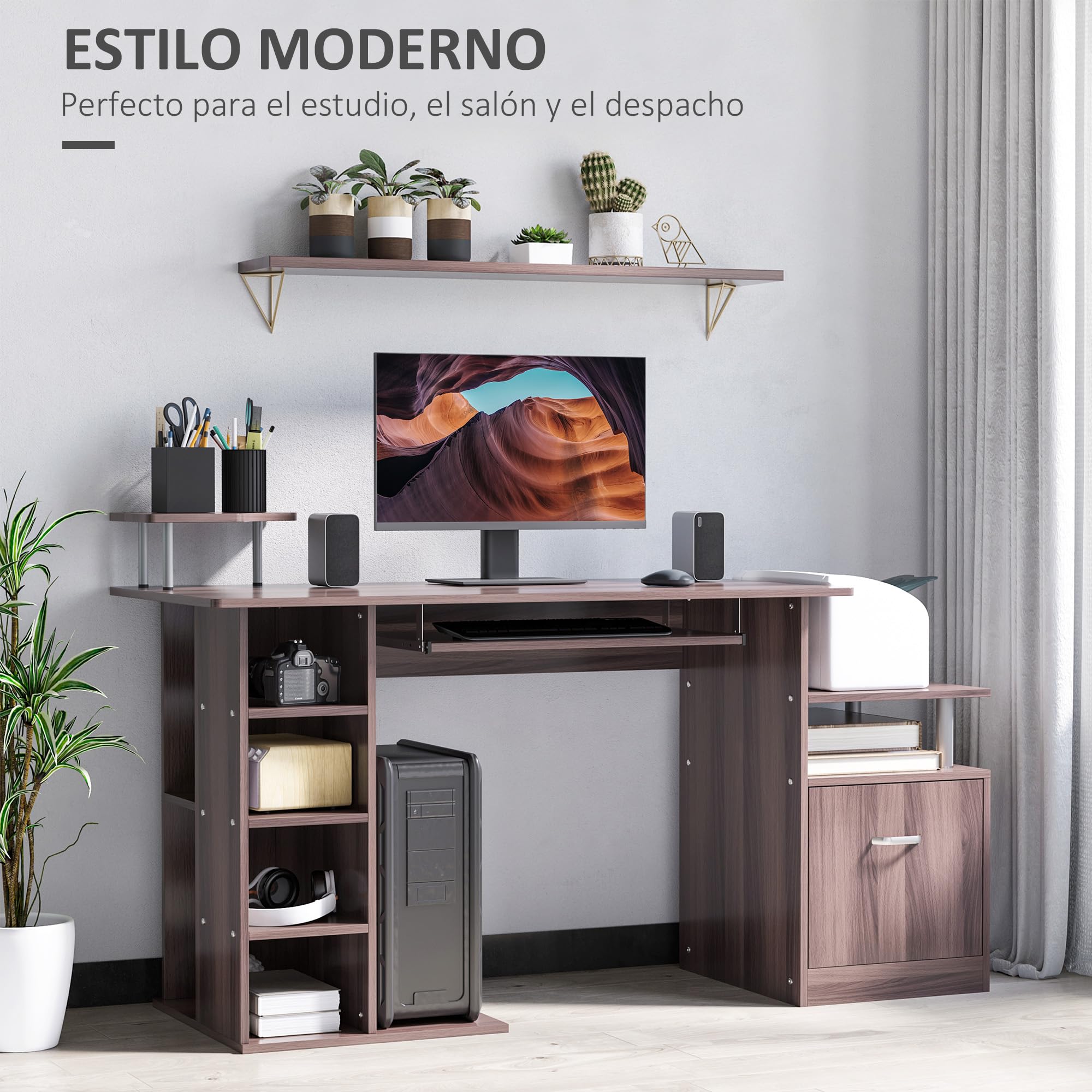 HOMCOM Mesa de Ordenador 120 cm Mesa de Escritorio con Múltiples Estantes Cajón Bandeja de Teclado Soportes para Monitor Impresora y CPU 152x60x88 cm Marrón
