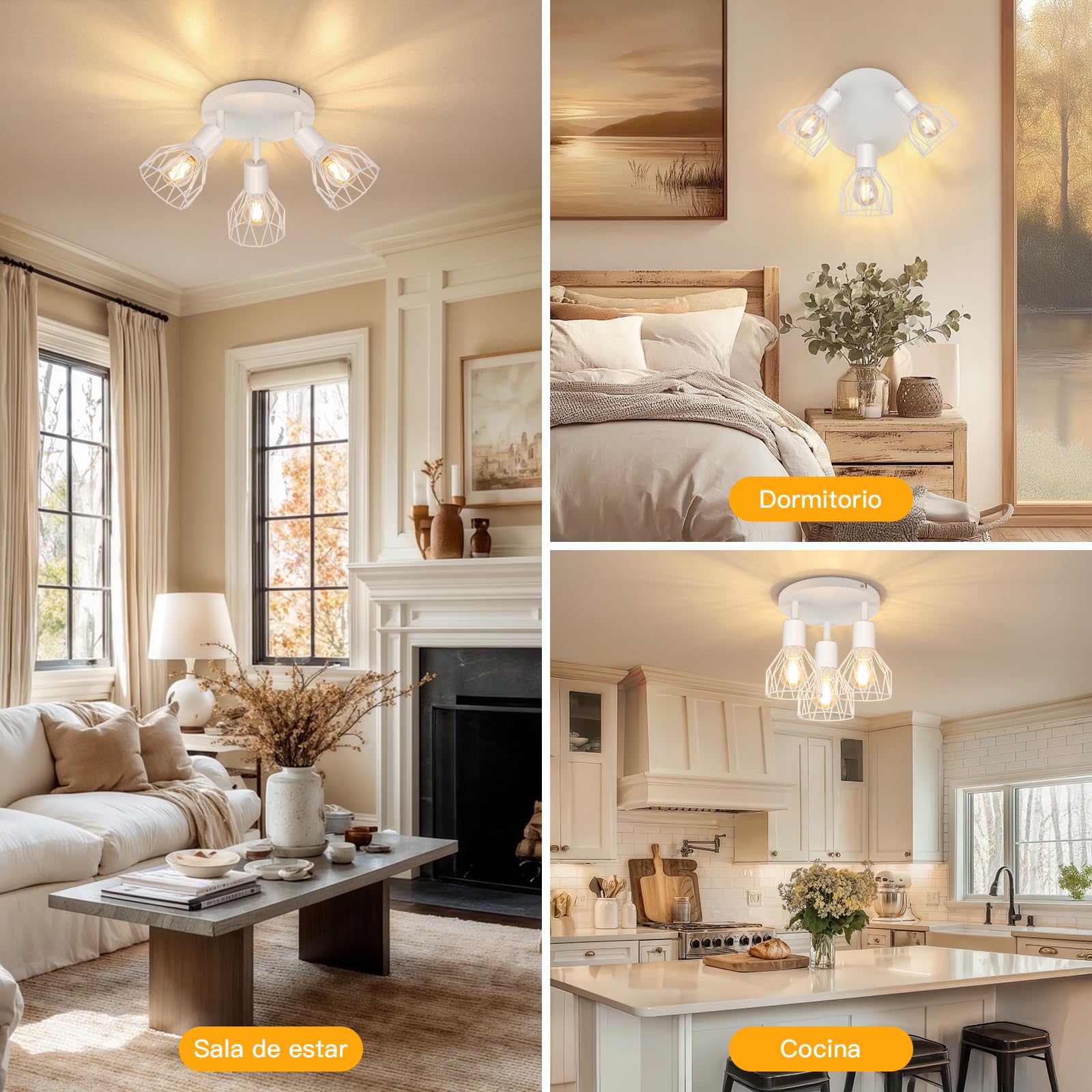 Lampara Foco Techo LED 3 Focos E14 - Focos Para el Techo Salón Redondo Blanco - Foco de Techo LED Cocina Moderno Orientable Dormitorio Lámpara de Techo - Sin Bombilla