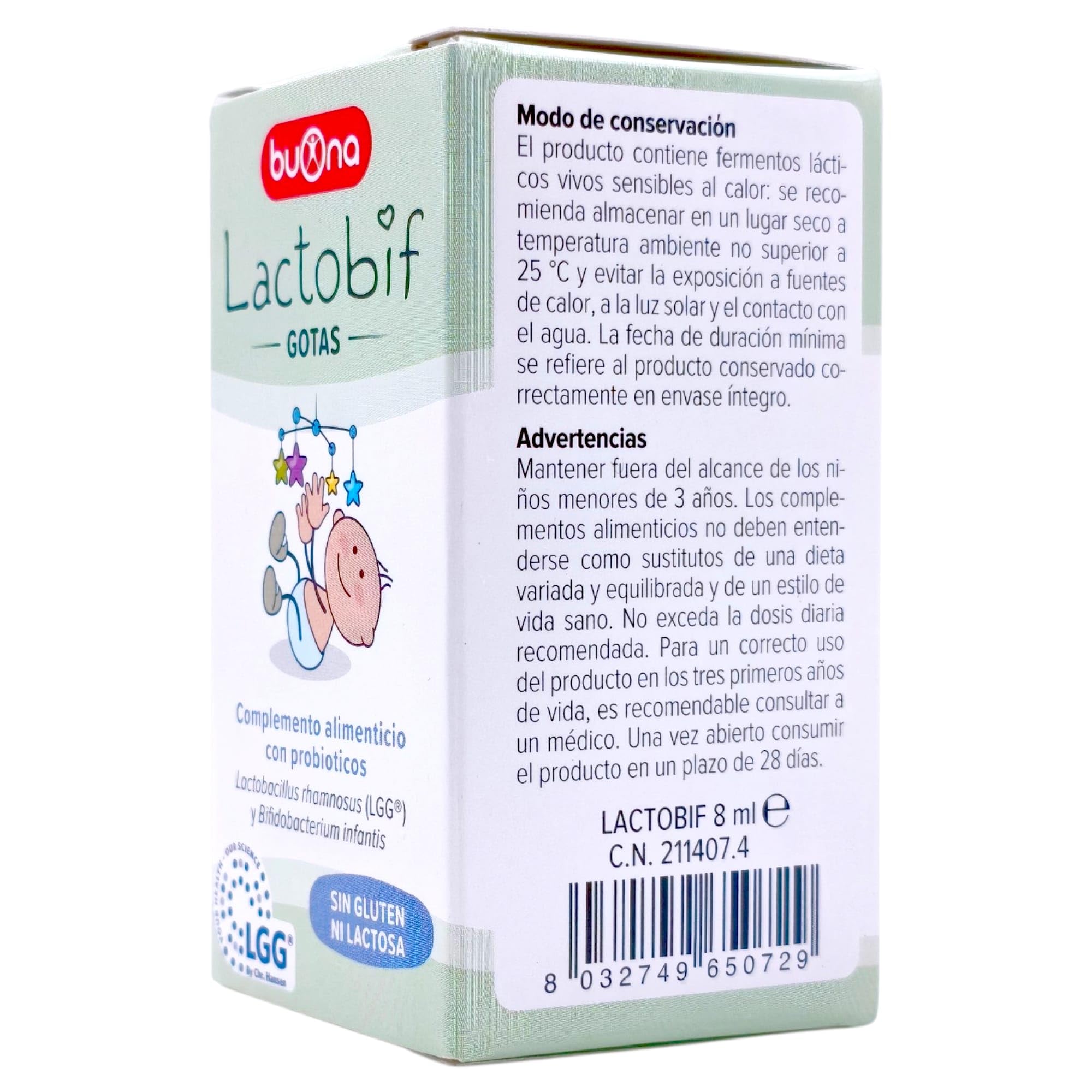 Buona Lactobif Flora Intestinal Gotas 8ml - Probióticos para Bebés y Niños - Equilibrio de la Flora Digestiva - Alivio de Cólicos y Diarrea Infantil - Defensas Naturales