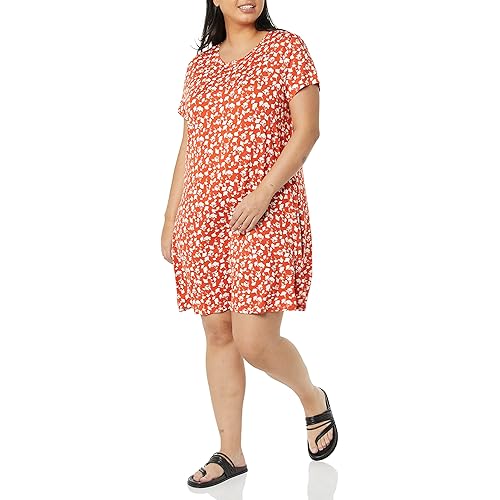 Amazon Essentials Women's Short-Sleeve Scoop Neck Swing Dress (Available in Plus Size)