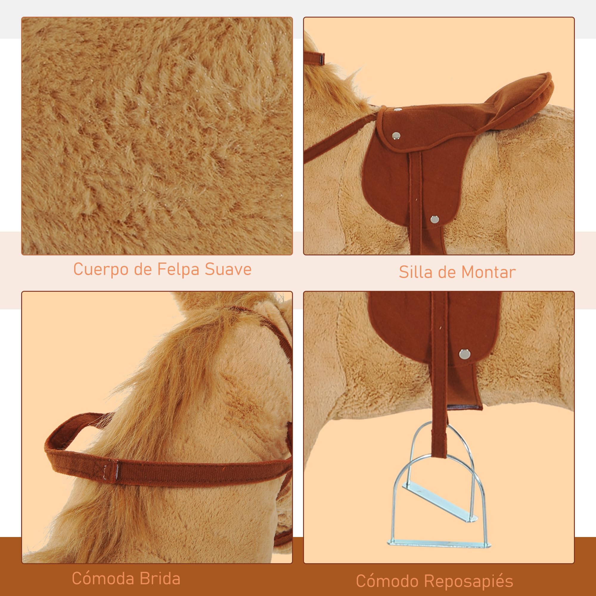 HOMCOM Caballo de Juguete para Niños de +2 Años Caballo de Juguete con Sonidos y Estructura de Metal Carga 60kg 85x28x60 cm Beige