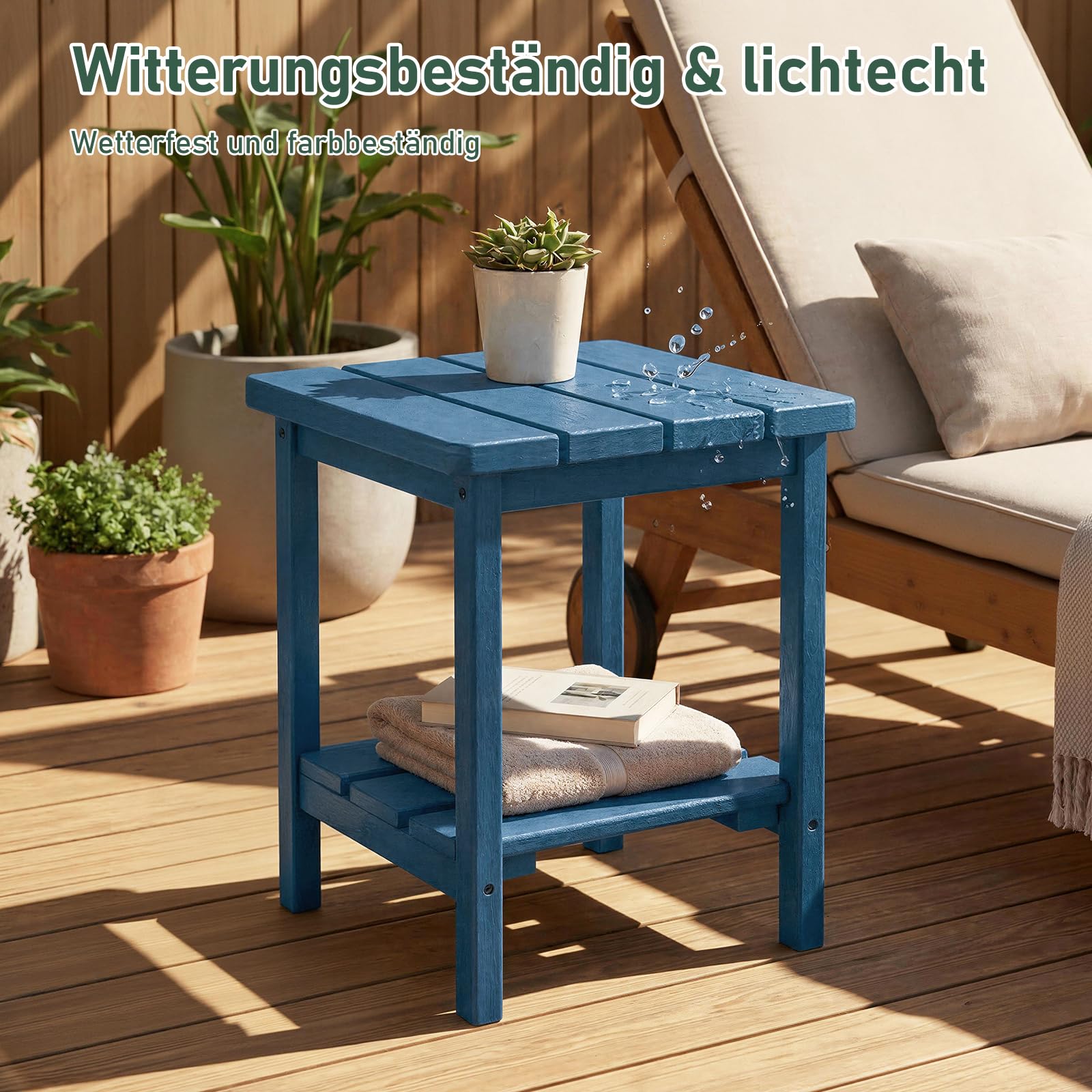 Adirondack Quadratischer Robuster 2-stufiger Beistelltisch aus verstärkter HDPE, Balkontisch & Außentisch für Terrasse, Garten, Pool, Wetterfester Kleiner Tisch (Blau)