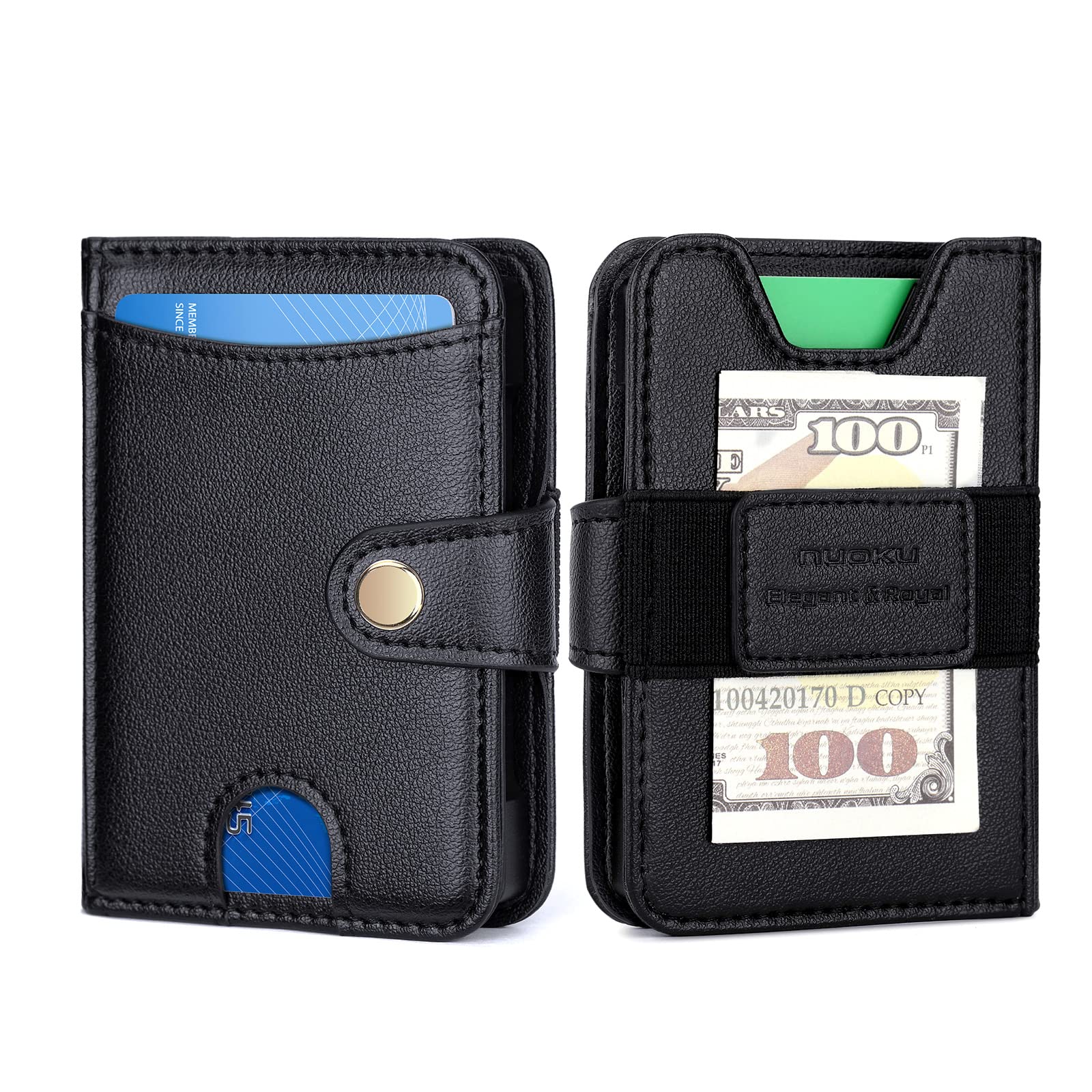 nuoku Mens Wallet, Credit Card Holder for Men, Bifold RFID Blocking Aluminum Slim Wallet for Men with Cash Strap (Black)