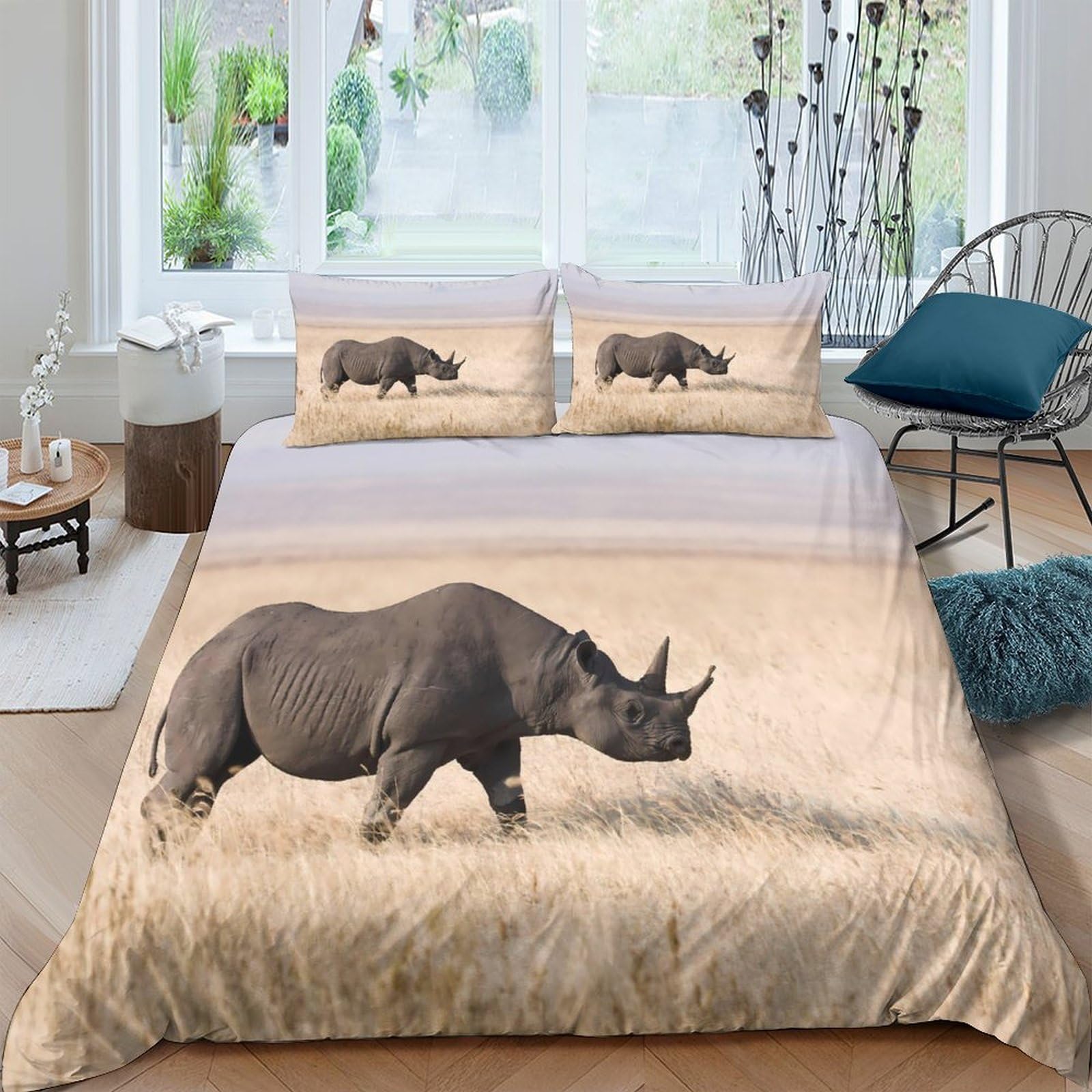 Ctjqhvkz Style-4 3D Printed African Rhino Fitted Sheet Microfiber Soft Beige Savannah Mattress Cover For Bedroom Dorm Decor Single（135X200cm）