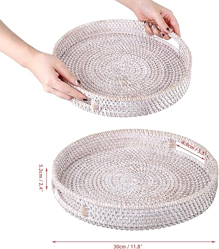 Vista 49 de Hipiwe Bandeja redonda de ratán con asas, bandeja organizadora decorativa tejida a mano para almacenamiento de bebidas de desayuno, aperitivos