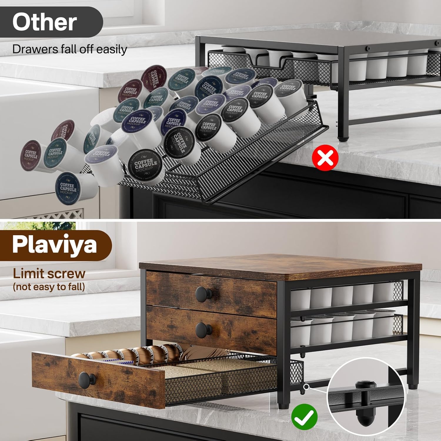 Coffee Pod Holder for Countertop, 3 Tier K Cup Holder Drawer, Coffee Bar Organizer 60 Coffee Pods Storage Organizer with Sliding Drawer for Coffee Station