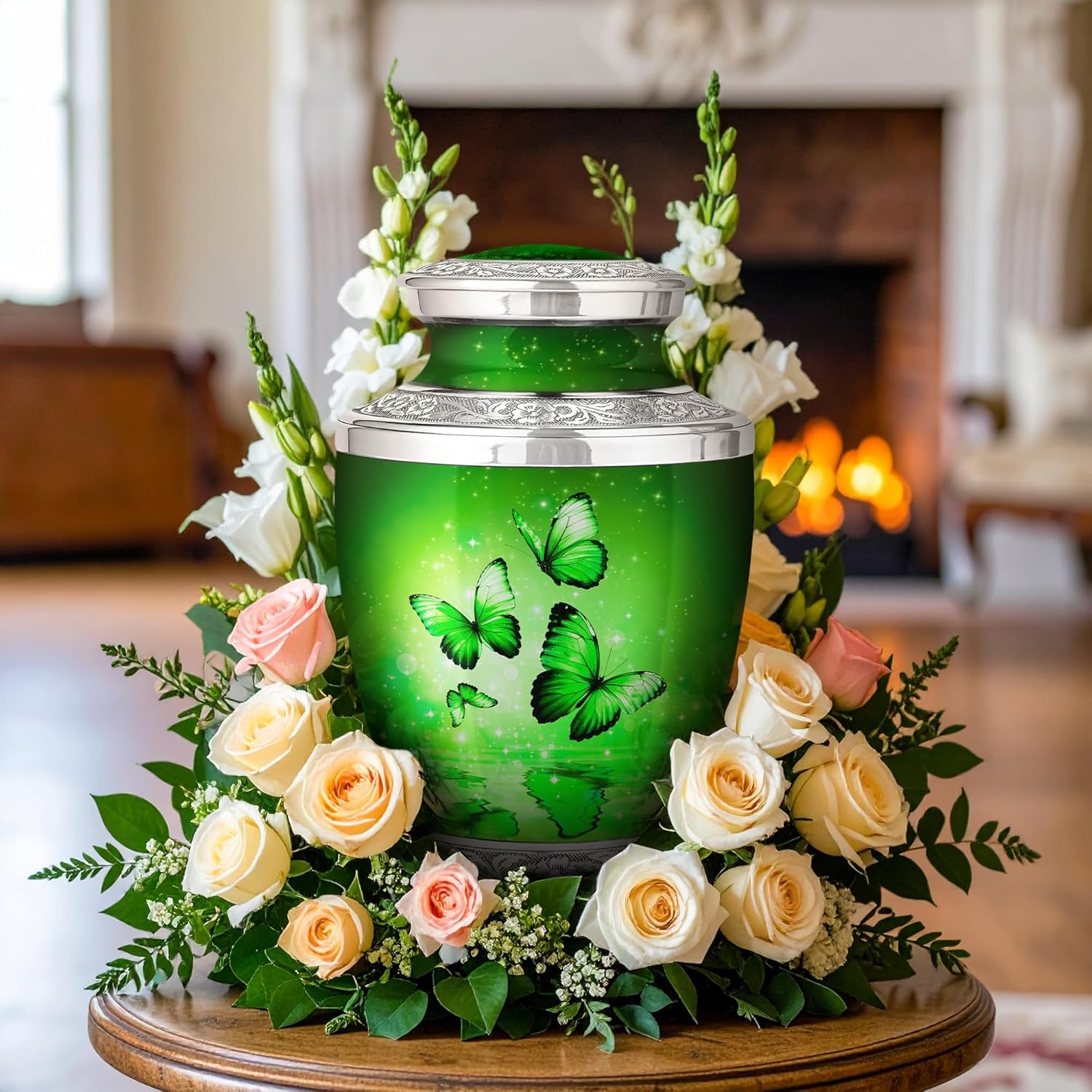 Green Butterfly Urn for Female – Large 200 Cubic inches Adult Funeral Memorial Urn – Decorative Urn for Female – Burial or Home Display
