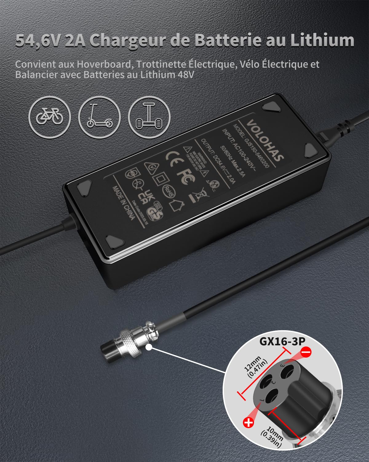 54,6 V 2 A Chargeur pour Kugoo M5 / M5 Pro/G Booster, pour Joyor S5, S5-Z, S8-S, S8-S-Z,G5,Y7-S, Kugoo M4/M4 Pro/Hitway H5 Trottinette électrique, Chargeur de Batterie Lithium 48V