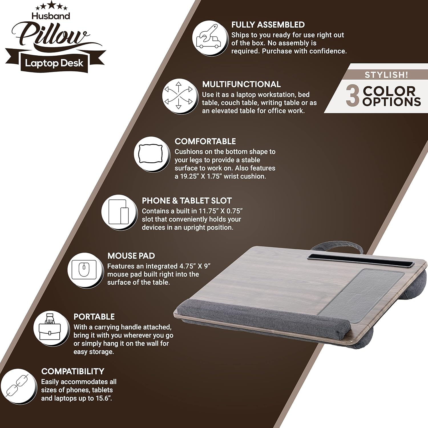 Husband Pillow - Bed Tray Desk, Adjustable Hard Wood PVC Desktop Lap Desk, Portable Laptop Table Stand Foldable Laptop Tray for Sofa Couch Floor (Large, Gray)