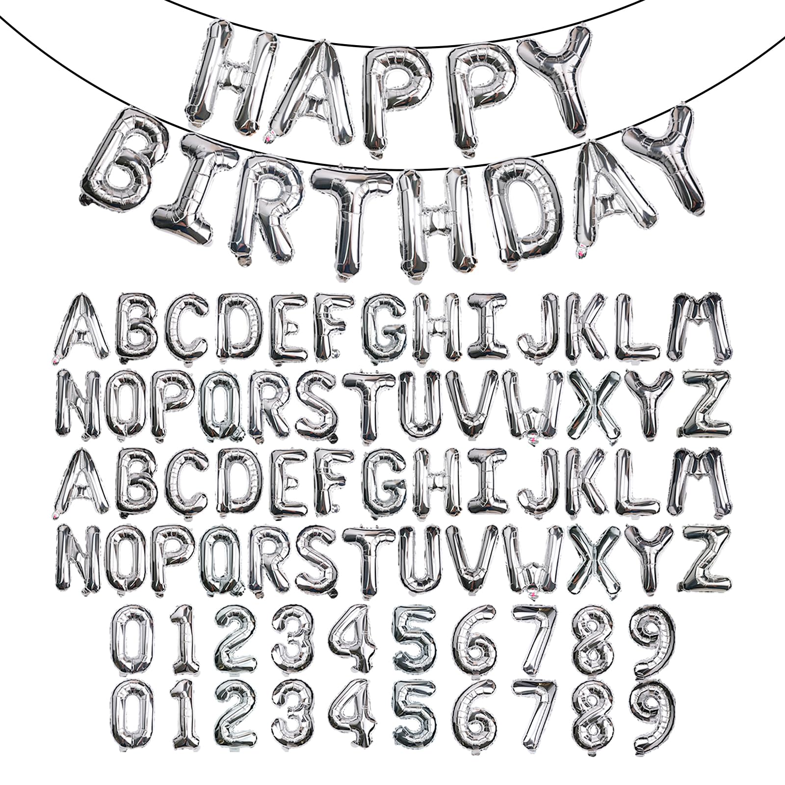 [85 PCS] 16" Silver Letter Number Balloons, Happy Birthday & 2 Sets of A-Z 0-9, Foil Mylar Aluminum Hanging Alphabet for Graduation New Year eve Birthday Party Decorations