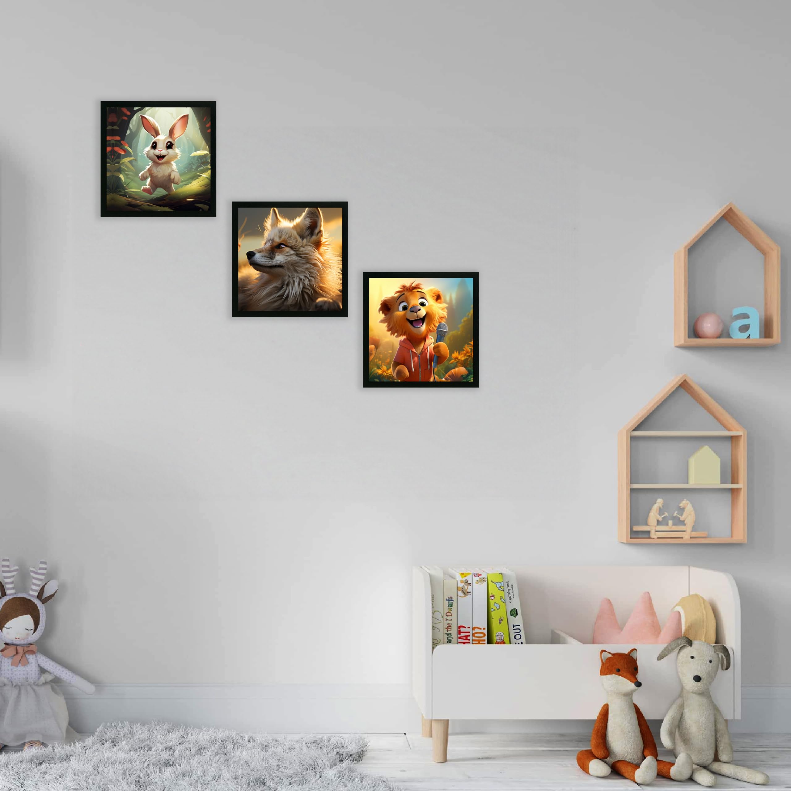 Printasta 3D Animal Photo Frames Set of 3 (9x9 Inch) – Kids Room Wall Decor with Colorful Animal Prints | Cute Wall Frames for Nursery, Play School, Bedroom & Home Decoration | Ready to Hang - Style A 1