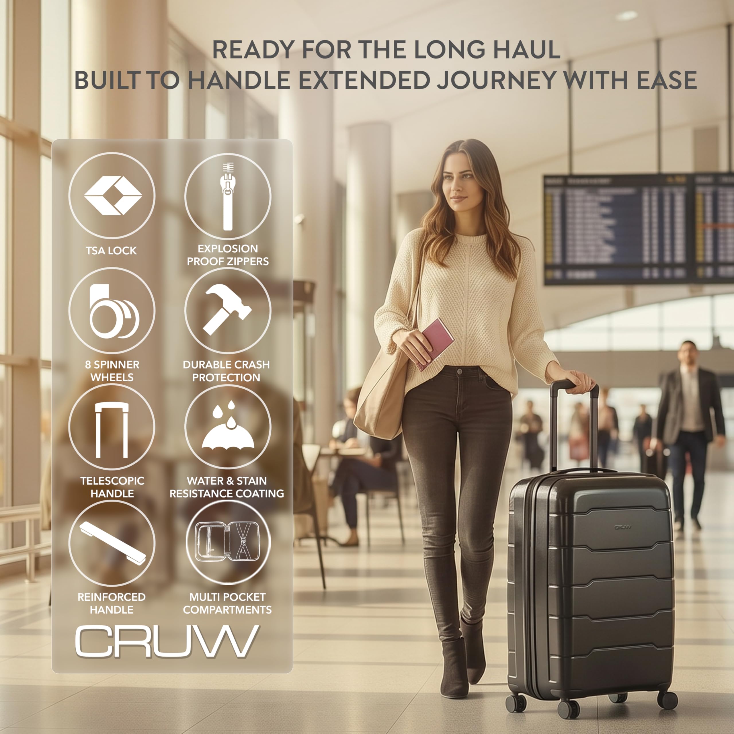 CRUW Medium 24" Checked Luggage 56x45x29cm + Expandable Hold Baggage (64/80 Liters) Polypropylene Suitcase TSA Approved Lock 8 Silent Spinner Wheels Lightweight Suitcases Airline-Approved Travel