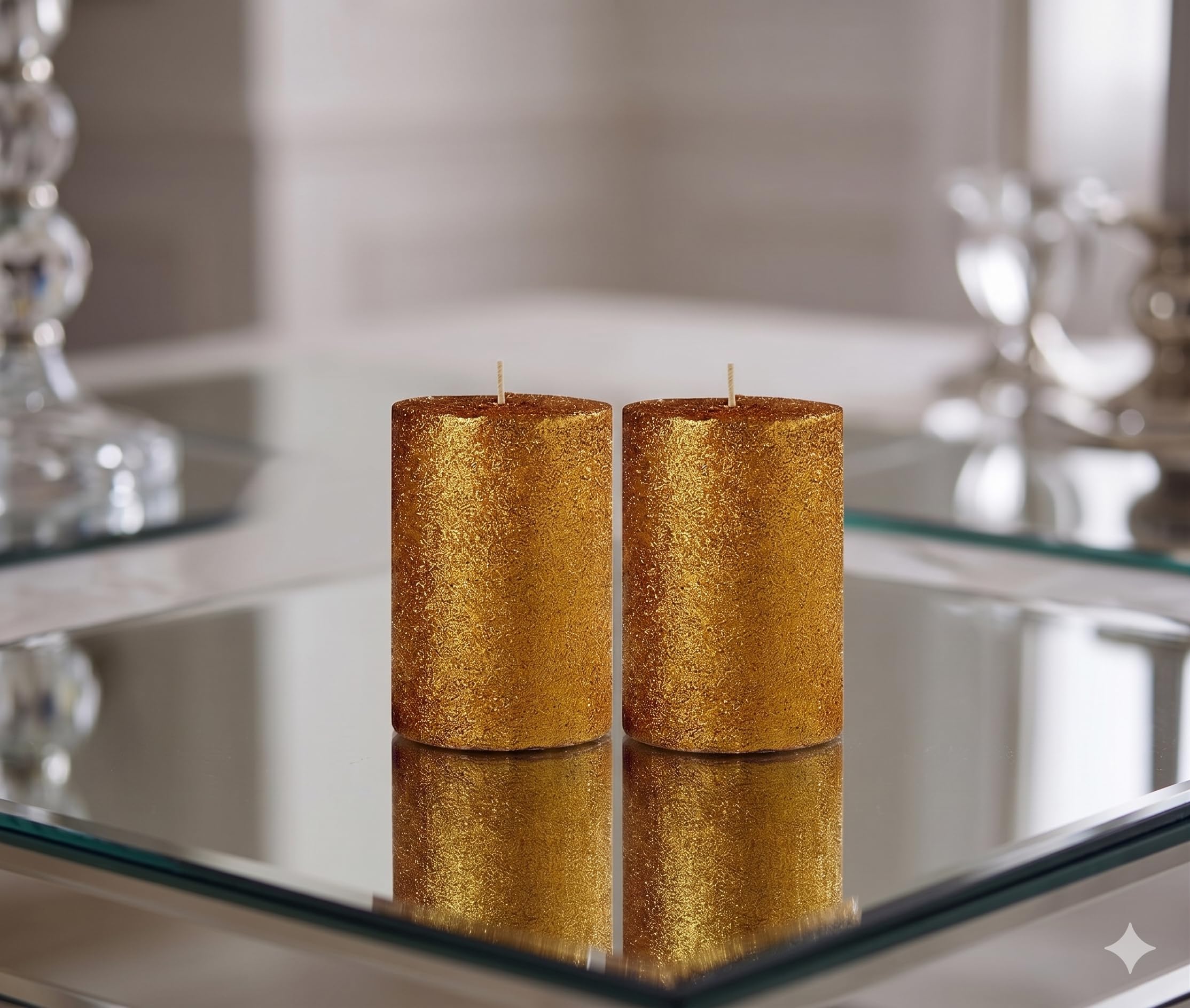 atorakushon Smokeless Golden Glitter 2.5"x3"Inch Pillar Candle for Home Decoration Lighting Diwali Puja Valentine Restaurants Spa Church [Set of 2]-image-2