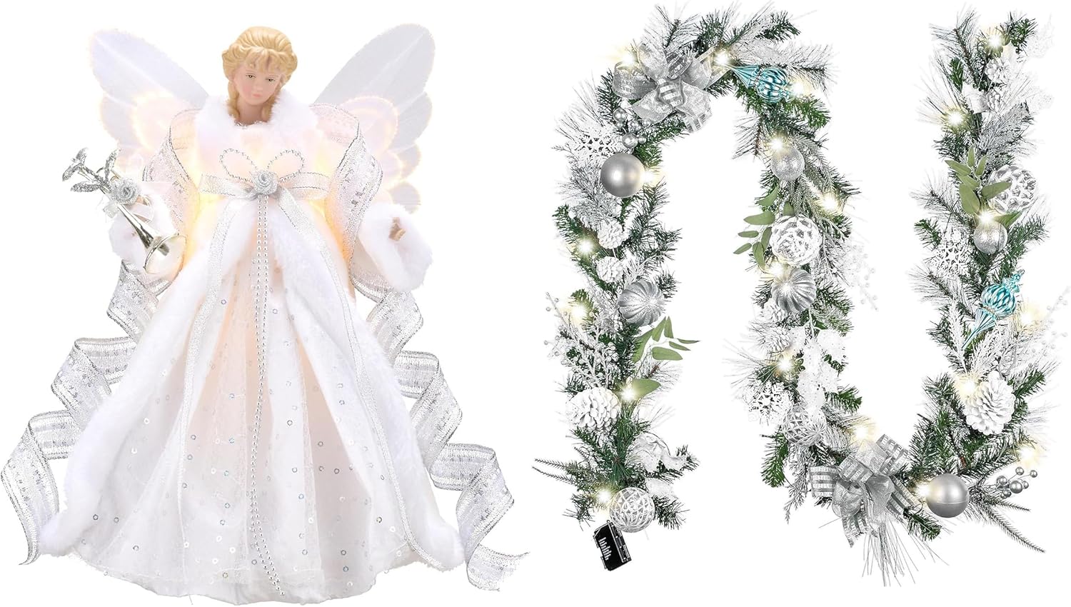 Valery Madelyn Lighted Christmas Angel Tree Topper with Timer&Christmas Garland with Lights for Mantle, Lighted Battery Operated Xmas Garland (2 Items Buddle)