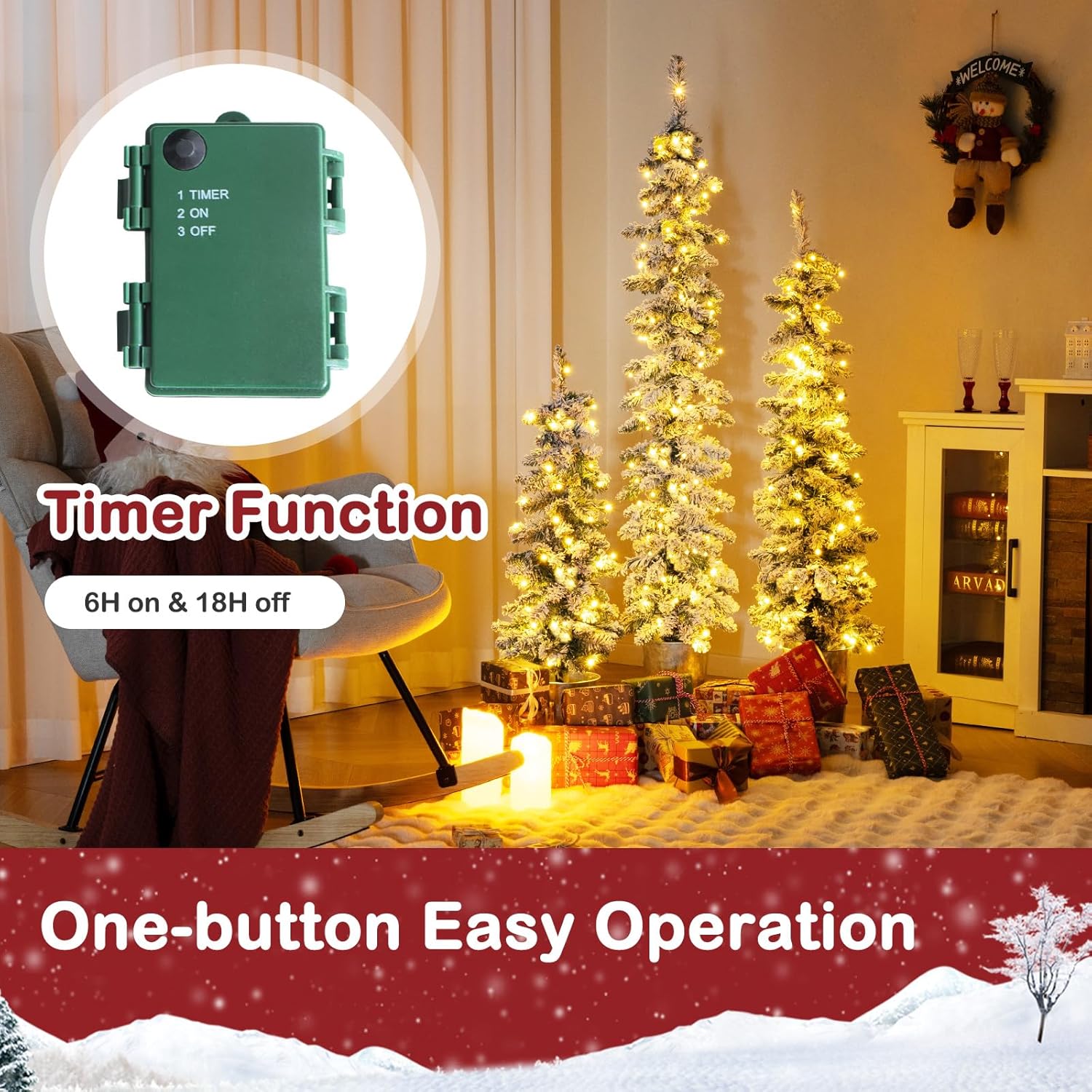 GOFLAME Set of 3 Pre-Lit Potted Christmas Trees, Snow Flocked Pencil Christmas Tree Set 3Ft, 4Ft and 5Ft with Warm White LED Lights, Timer, Holiday Decoration Tree for Home Party