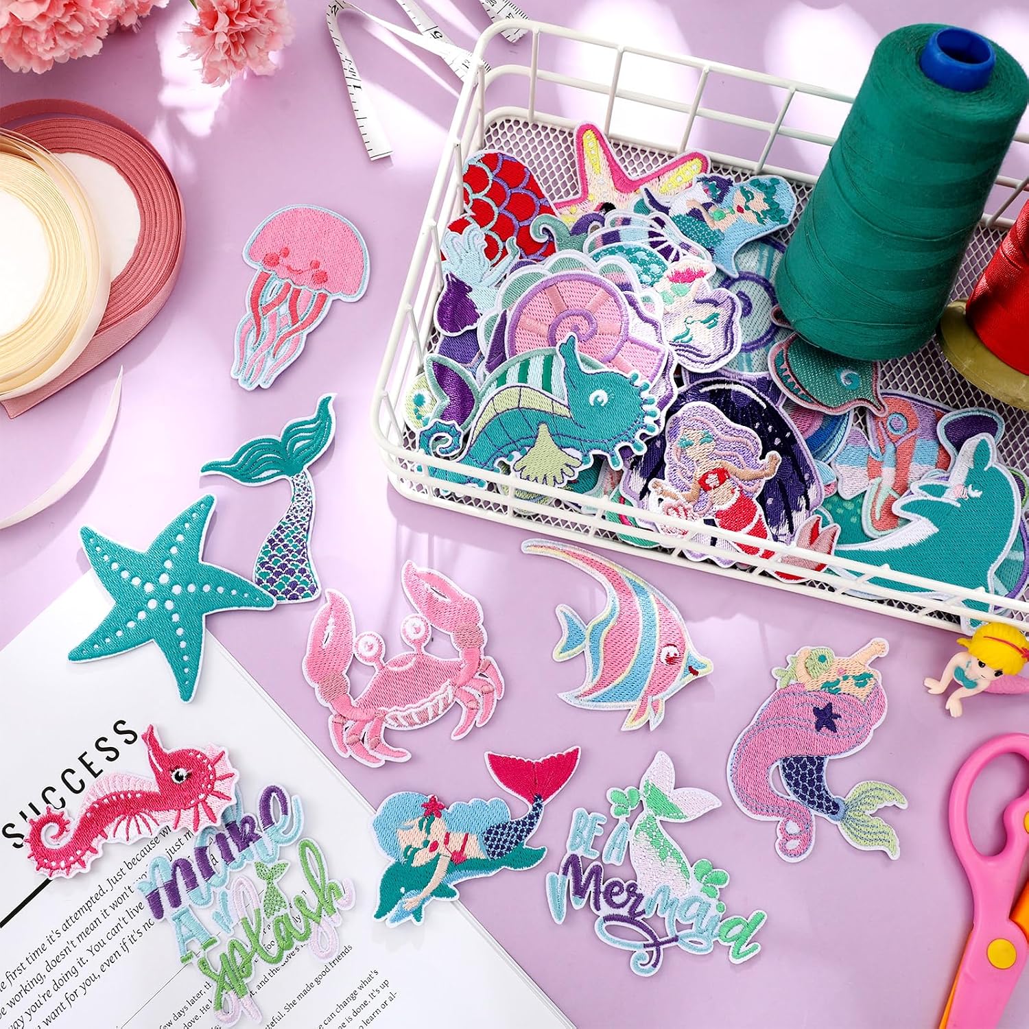 Tigeen 48 Pcs Mermaid Chenille Embroidered Patches Beach Iron on Patches Bulk Seashell Fish Starfish Dolphin Seahorse Jellyfish for Hats Clothes Sew on Applique DIY Accessory for Backpack Pants Jeans