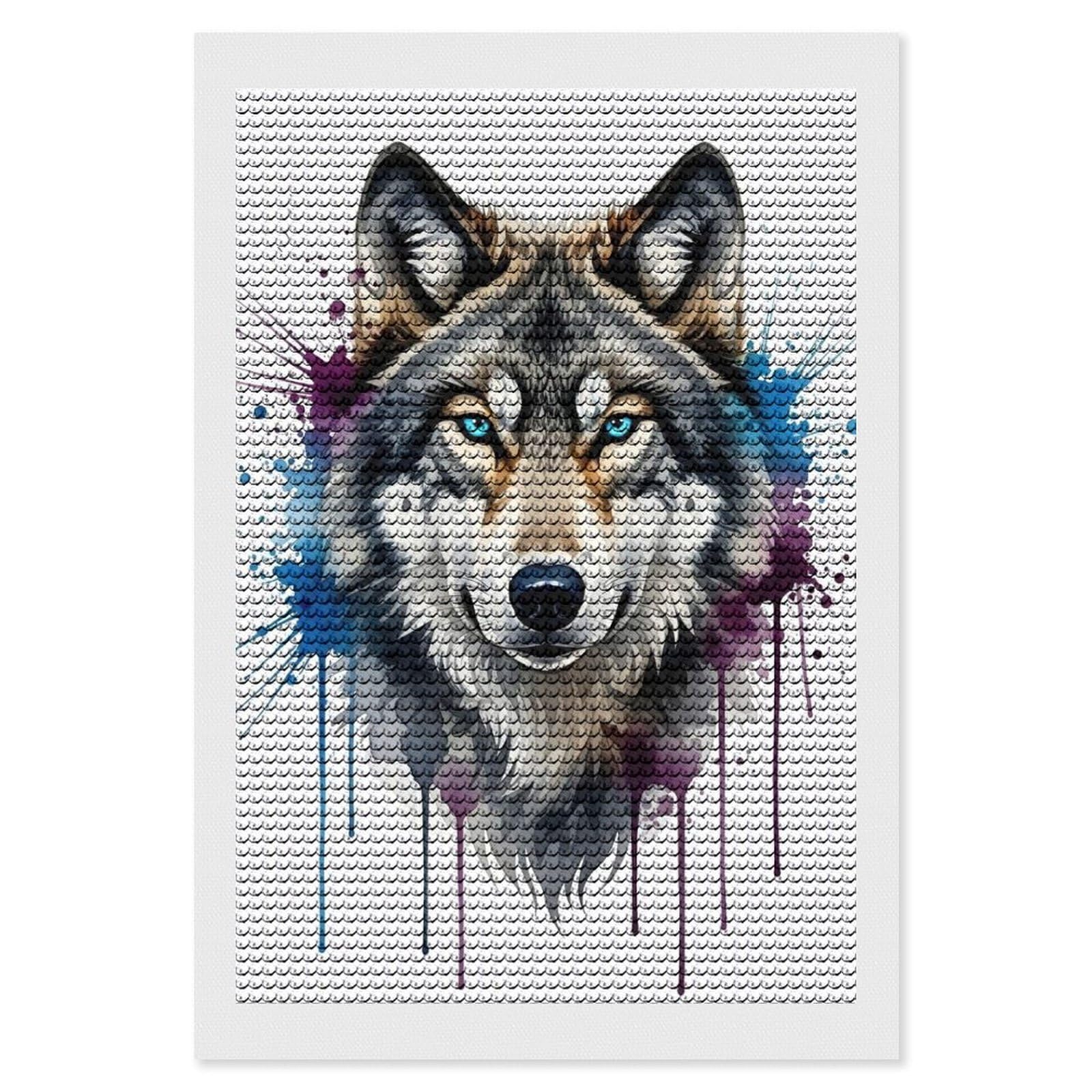 Junmoney Watercolor Wolf Portrait with Splashes Diamond Painting Kit 8"x12", Adhesive Canvas, Home Wall Decor, for Beginners, Birthday Gift, Full Kit Included