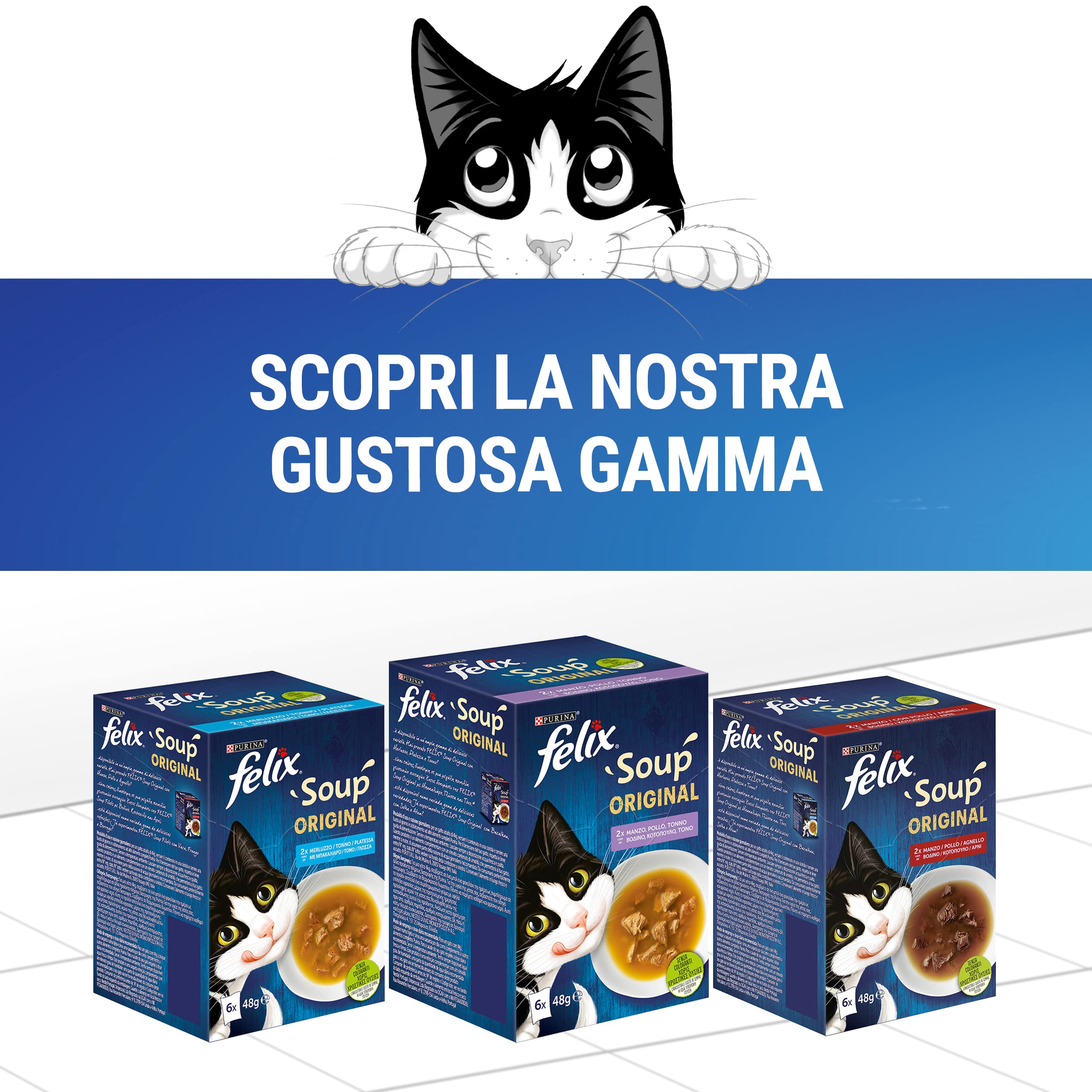 Purina Felix - Comida húmeda Original para Gatos con Bacalao, atún y Plato, 8 Paquetes con 48 Sobres de 48 g