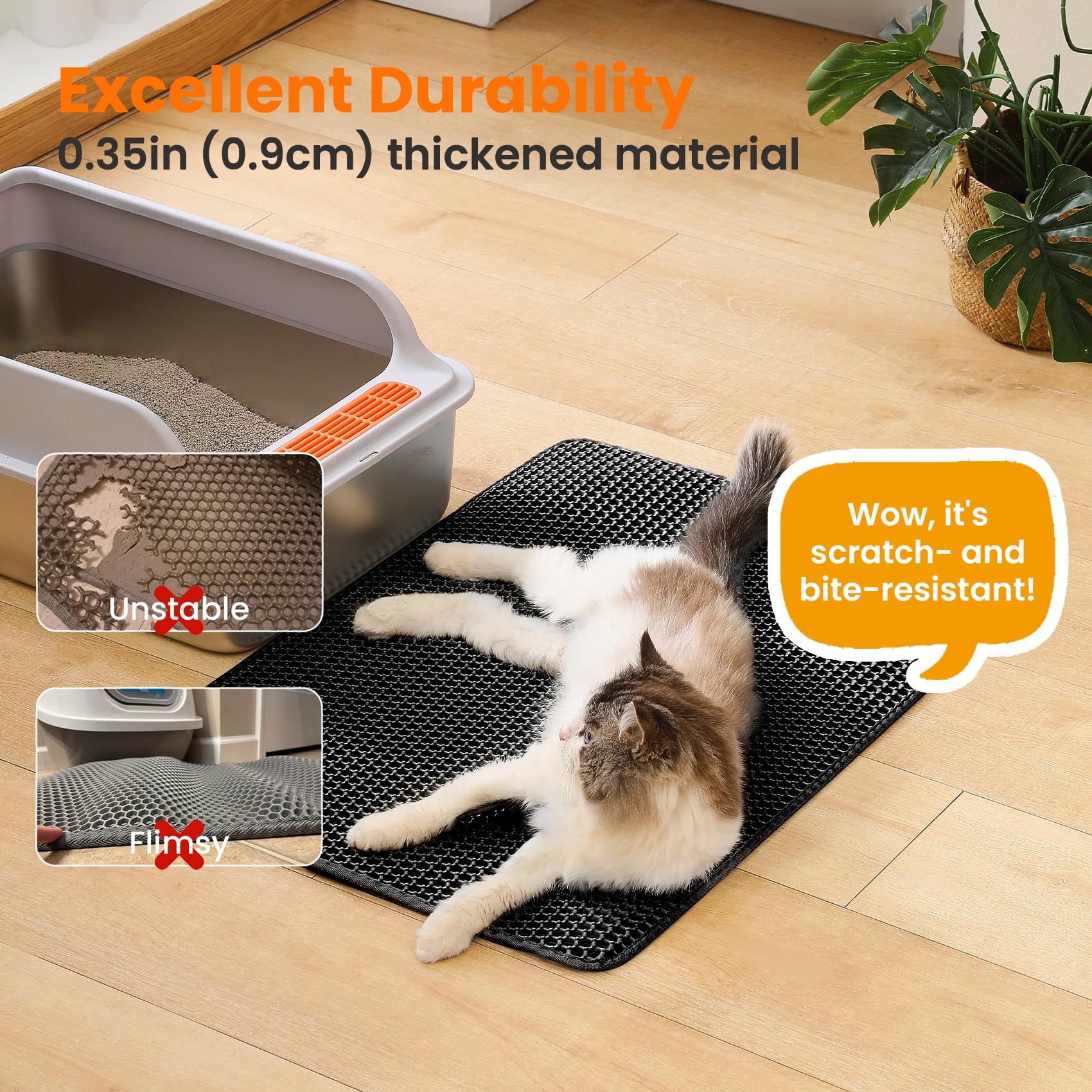 Extra Large Cat Litter Mat, 30x22 Inches Honeycomb Double Layer Cat Litter Trapping Mat, Non Slip Waterproof Urine Proof Large Kitty Litter Box Mat for Floor, Kitten Supplies, XL, Black - image 5