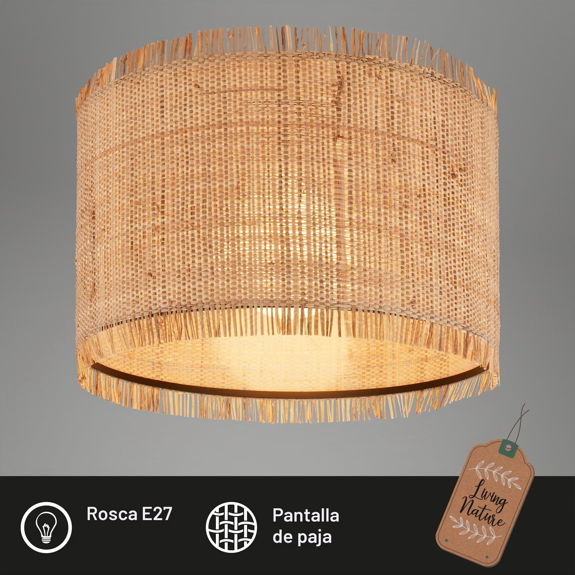 Briloner Lámpara de techo con pantalla de paja, casquillo E27, máx. 10 W, lámpara de techo, boho, estética, lámpara, lámpara de salón, 40 x 28 cm (DxH), color natural