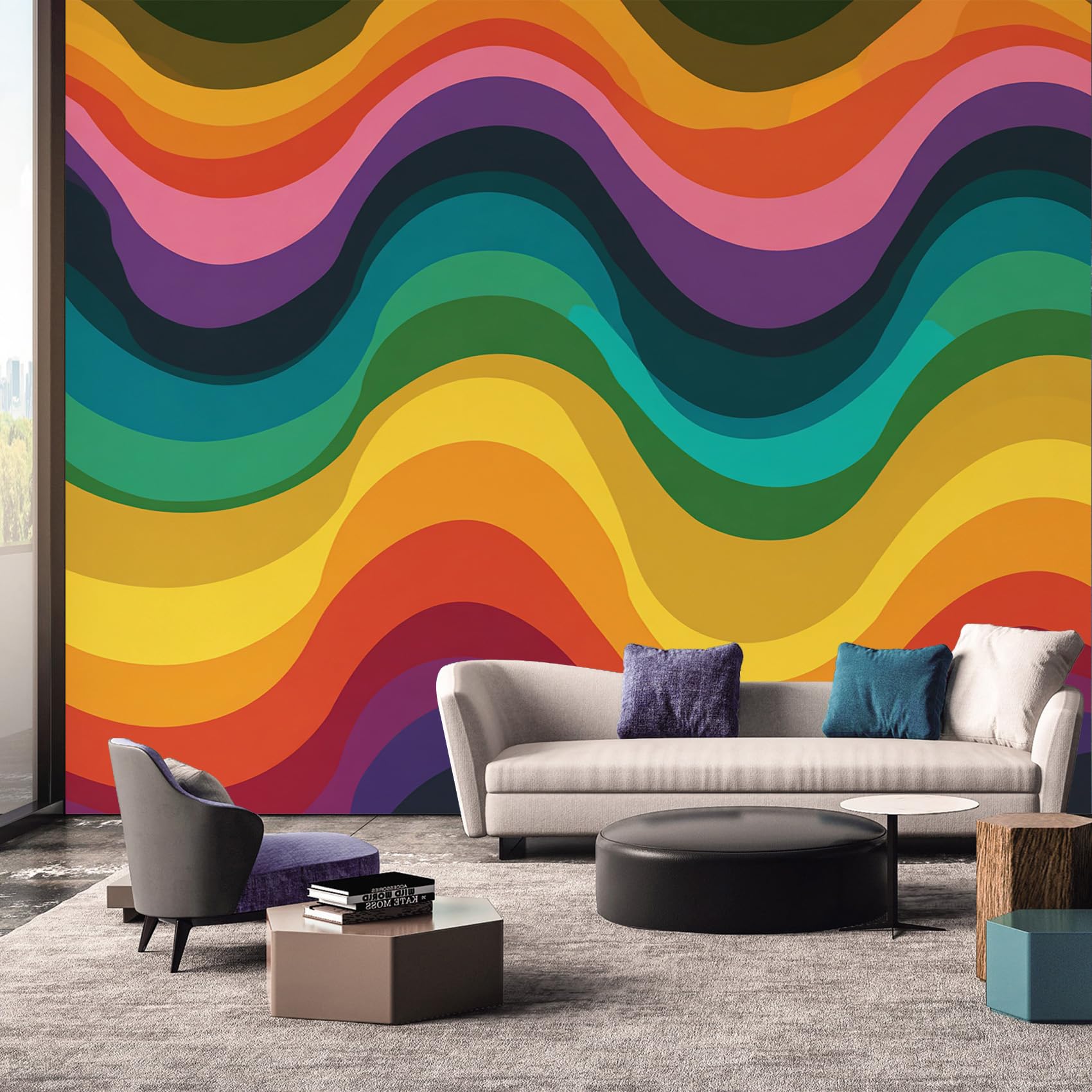 Retro Wallpaper, 70s Colorful Textured Rainbow Wallpaper Murals, Retro Room Decor Wall Art for Bedroom Kitchen Living Room 450L x 315W cm