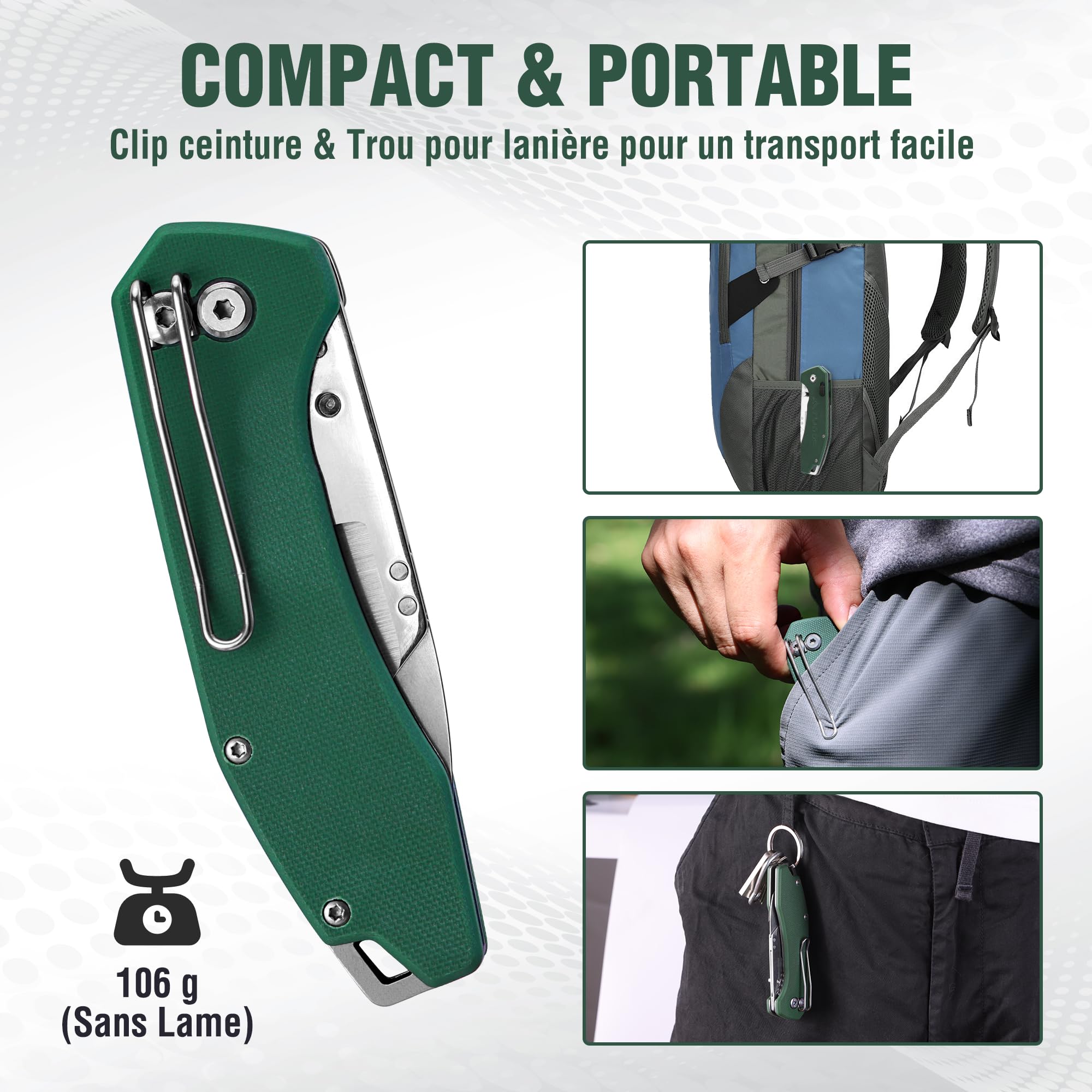 FLISSA Couteau de Poche 3 en 1 avec Manche G10, Clip Ceinture et Lames Interchangeables, Système de Verrouillage Sécurisé, Couteau Pliant Multifonction pour Usage Quotidien et Extérieur