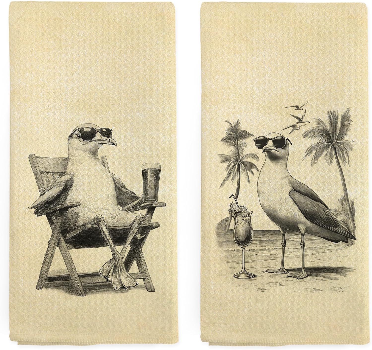Vintage Seagull Cocktail Kitchen Towels Set of 2, Coastal Beachy Hand Towels for Bathroom, Funny Beach Seagulls Gifts Dish Tea Towel for Kitchen, 16x24 Inch